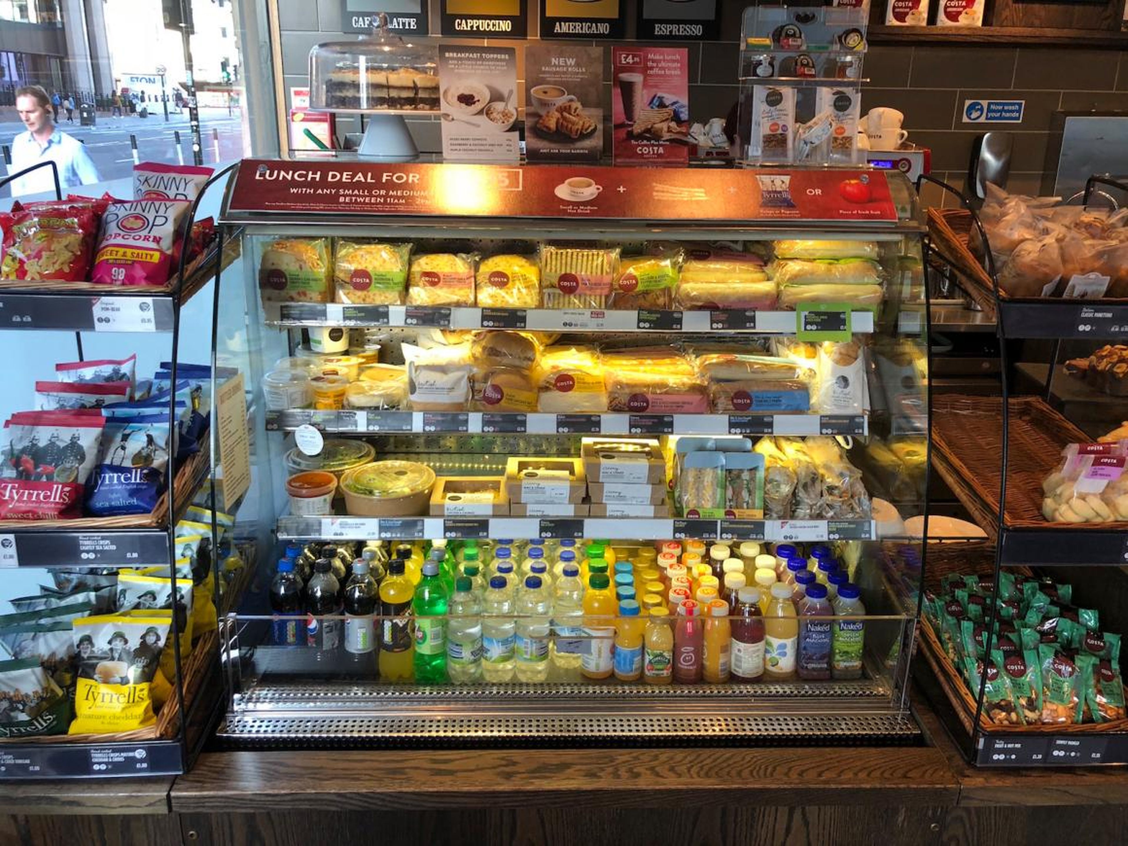 Costa offers a range of food along with its coffees, including paninis, wraps, and salads. Customers can also buy snacks like crisps and nuts, as well as cold drinks like orange juice and — ironically — Pepsi.