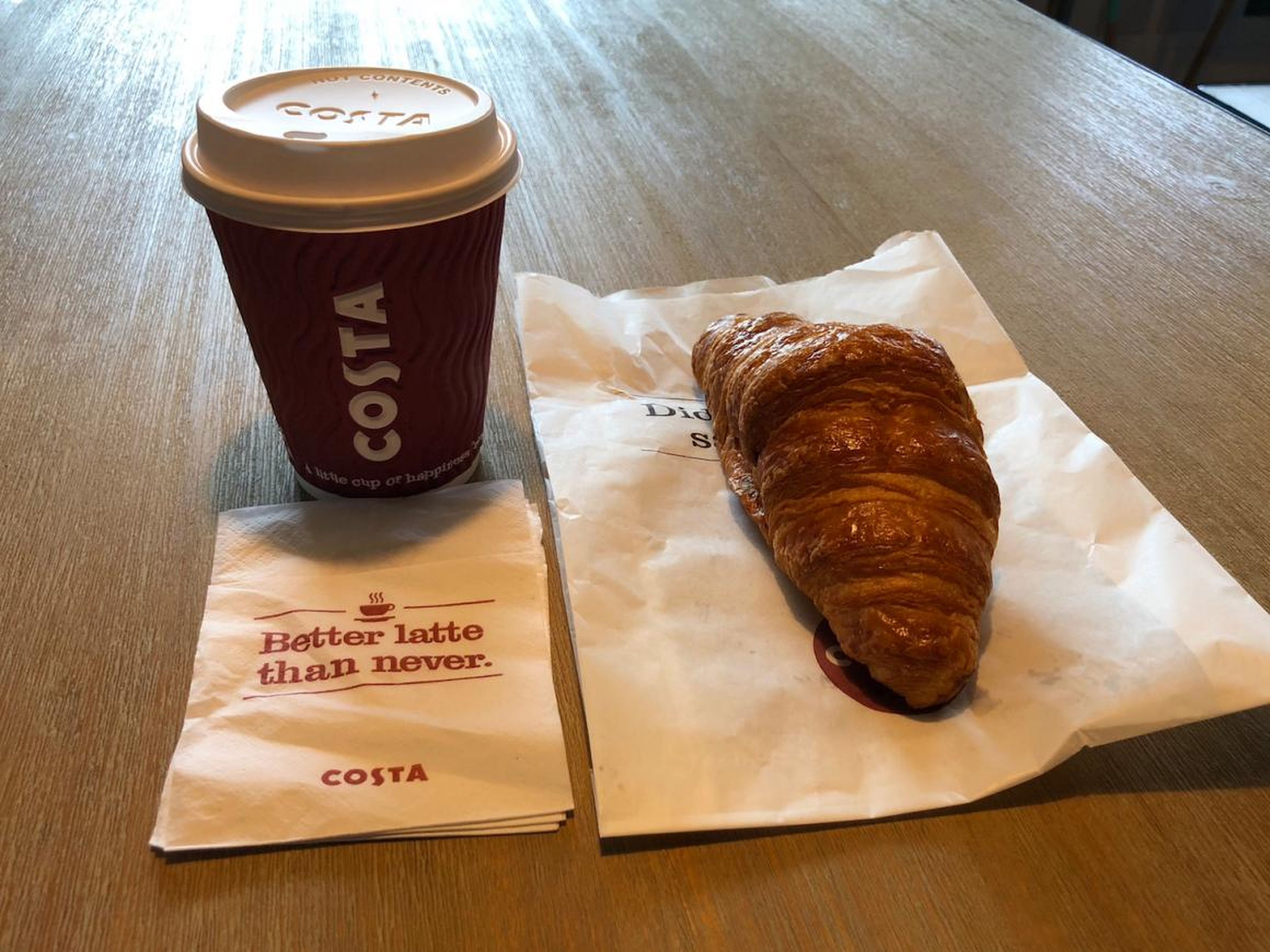 The croissant looked and tasted like papier-mâché, and it was inferior to most croissants you can buy for half the price in Britain's supermarkets. The coffee wasn't half bad though, despite the cringeworthy pun on the serviette.