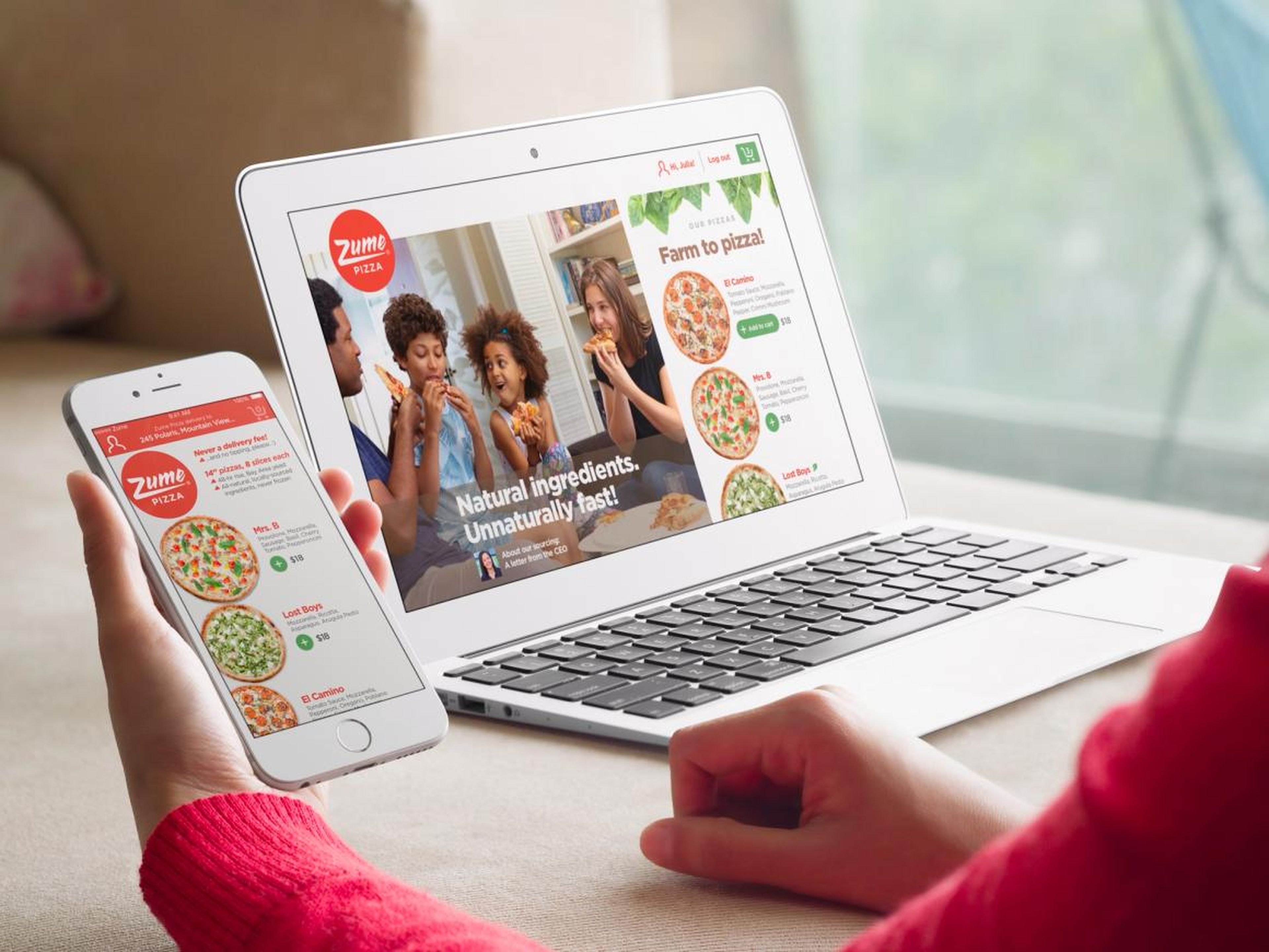Customers order their pizzas online or using the Zume Pizza mobile app. A software algorithm sends the instructions to Zume's automated, pizza-making conveyor belt.