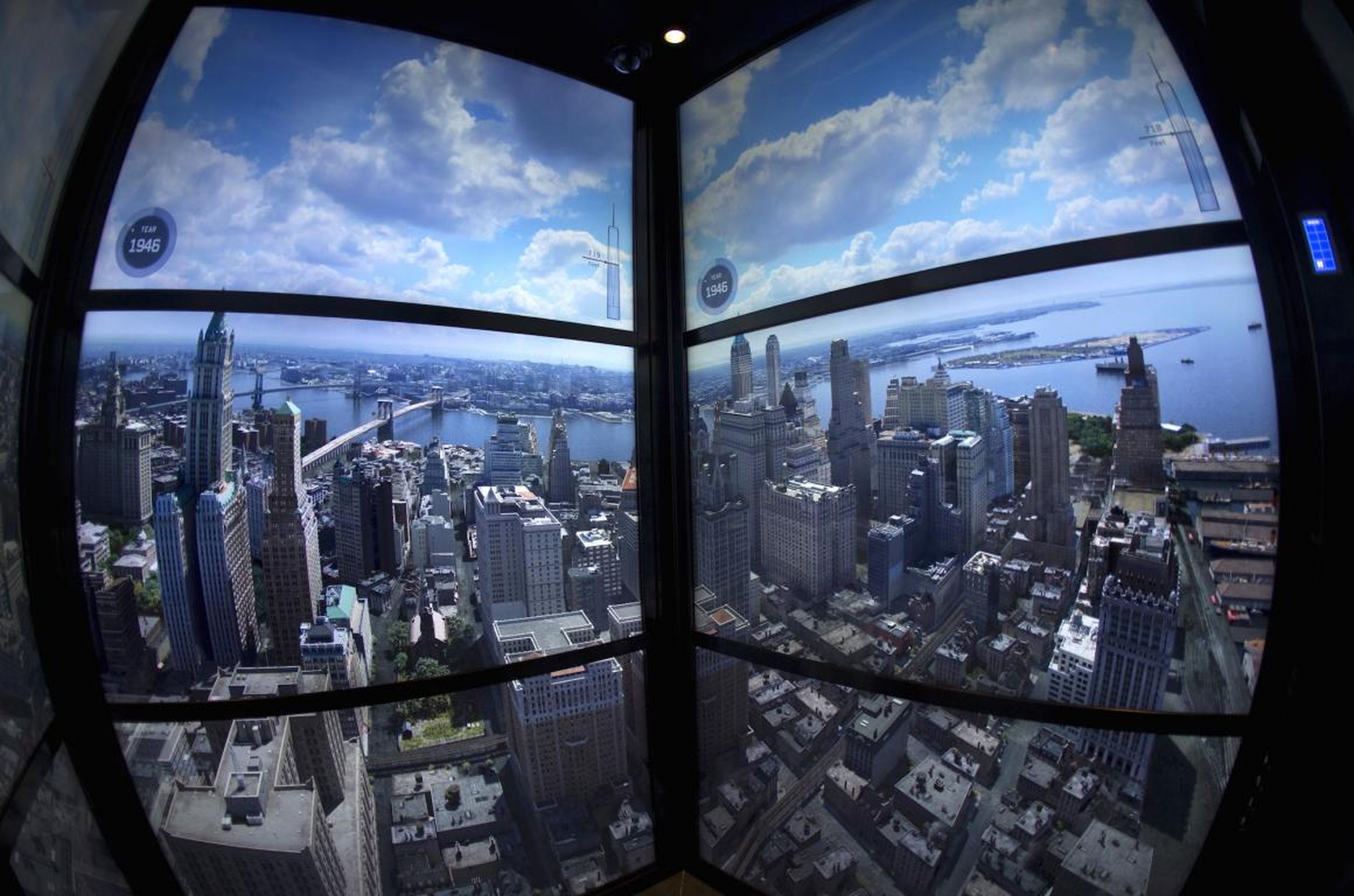 Part of a time-lapse projection of the New York skyline through the years is seen inside the Sky Pod Elevator on the way up to the One World Observatory observation deck on the 100th floor of the One World Trade center tower in New York.