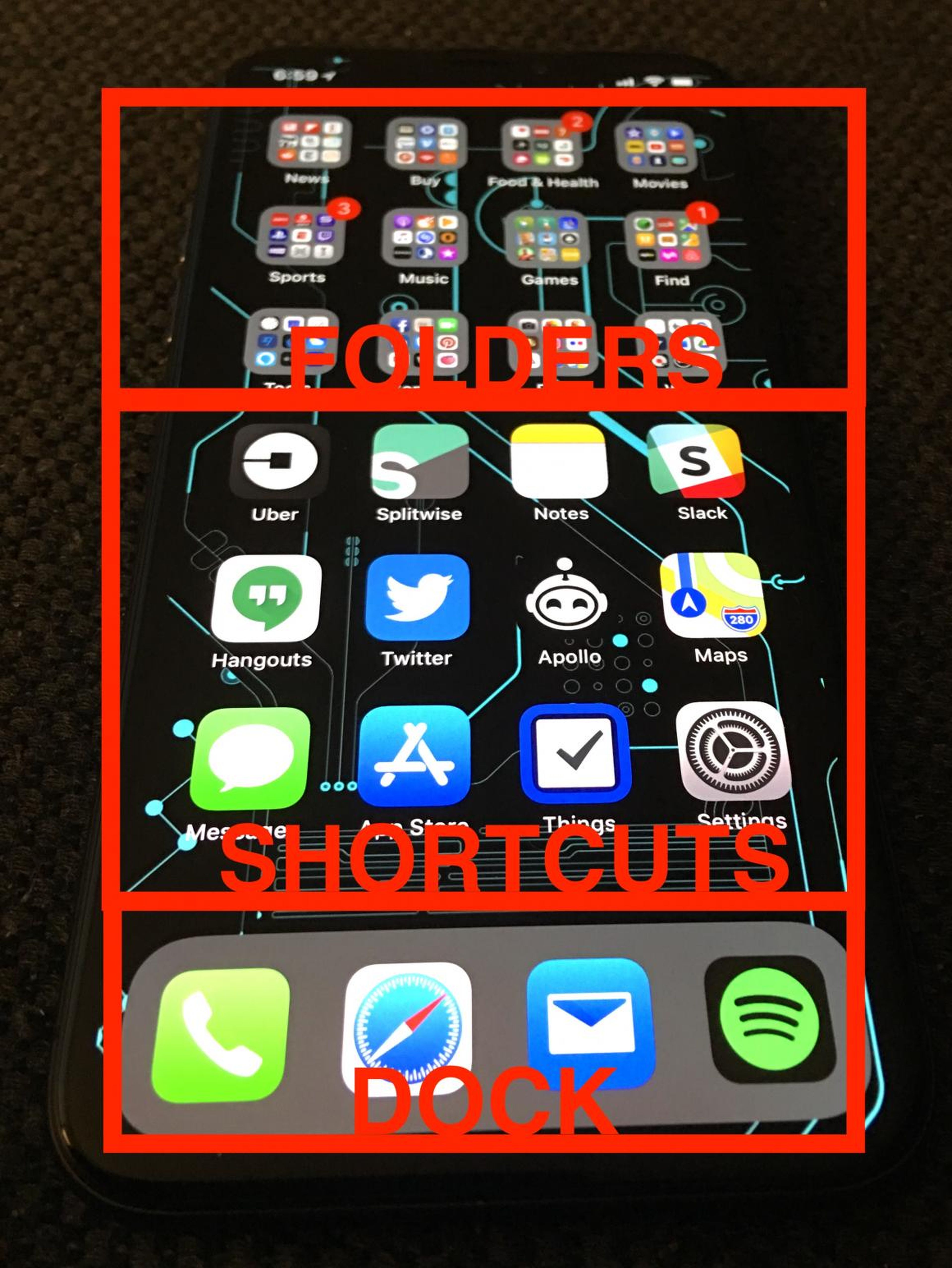 I break my home screen into three sections: The Dock, Shortcuts, and Folders.