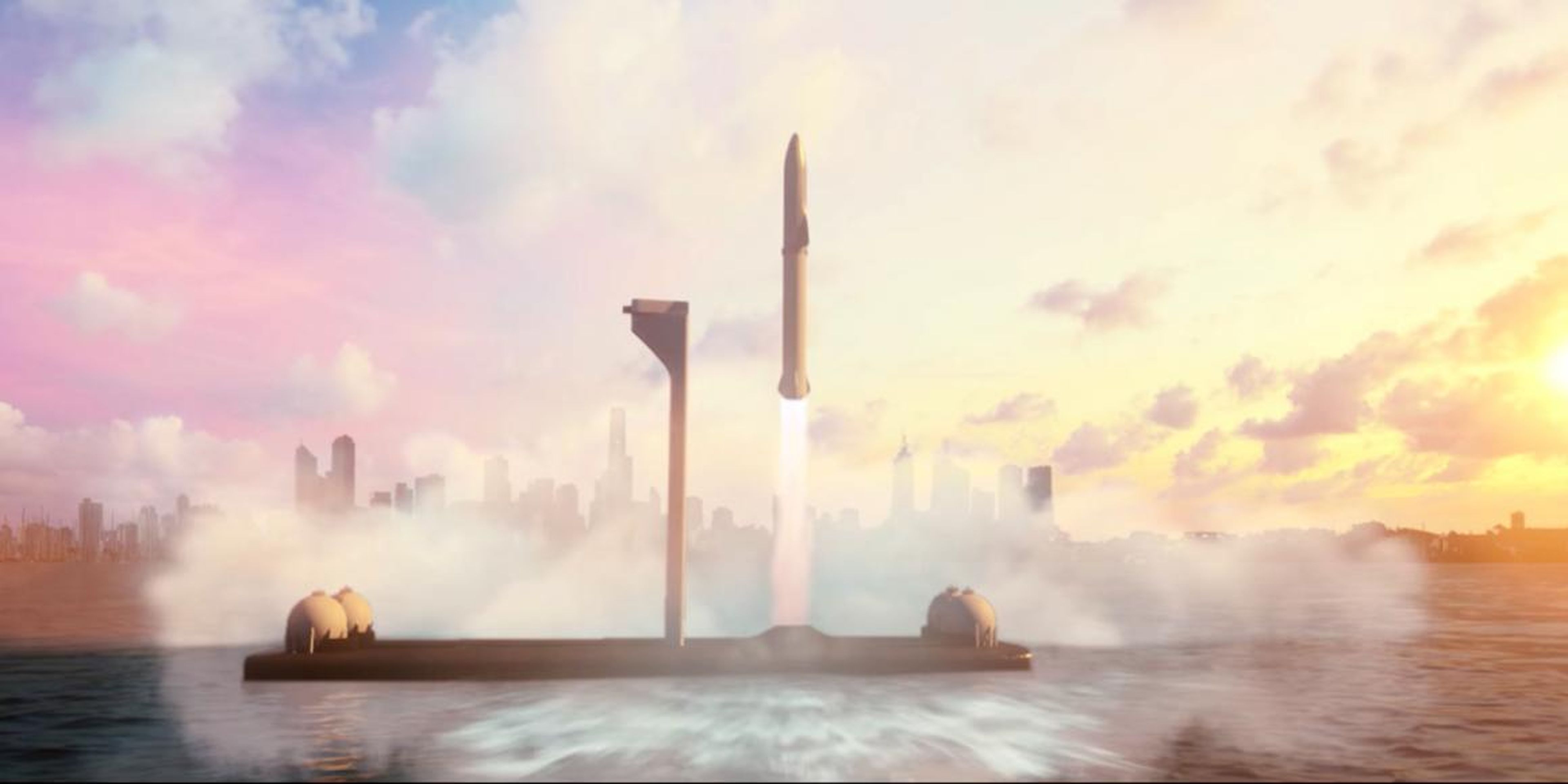 Una ilustración de un cohete Big Falcon que se lanza hacia el espacio