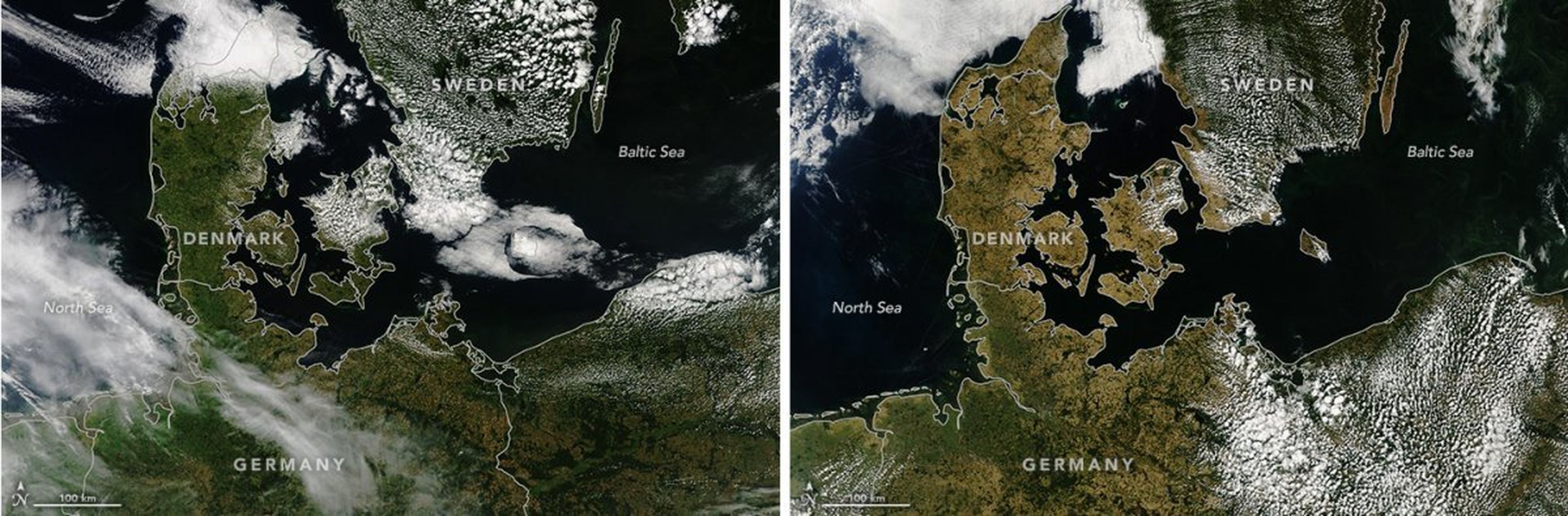 En la foto de la izquierda se muestran Alemania, Dinamarca y Suecia el 19 de julio de 2017. A la derecha, las mismas áreas el 24 de julio de 2018.