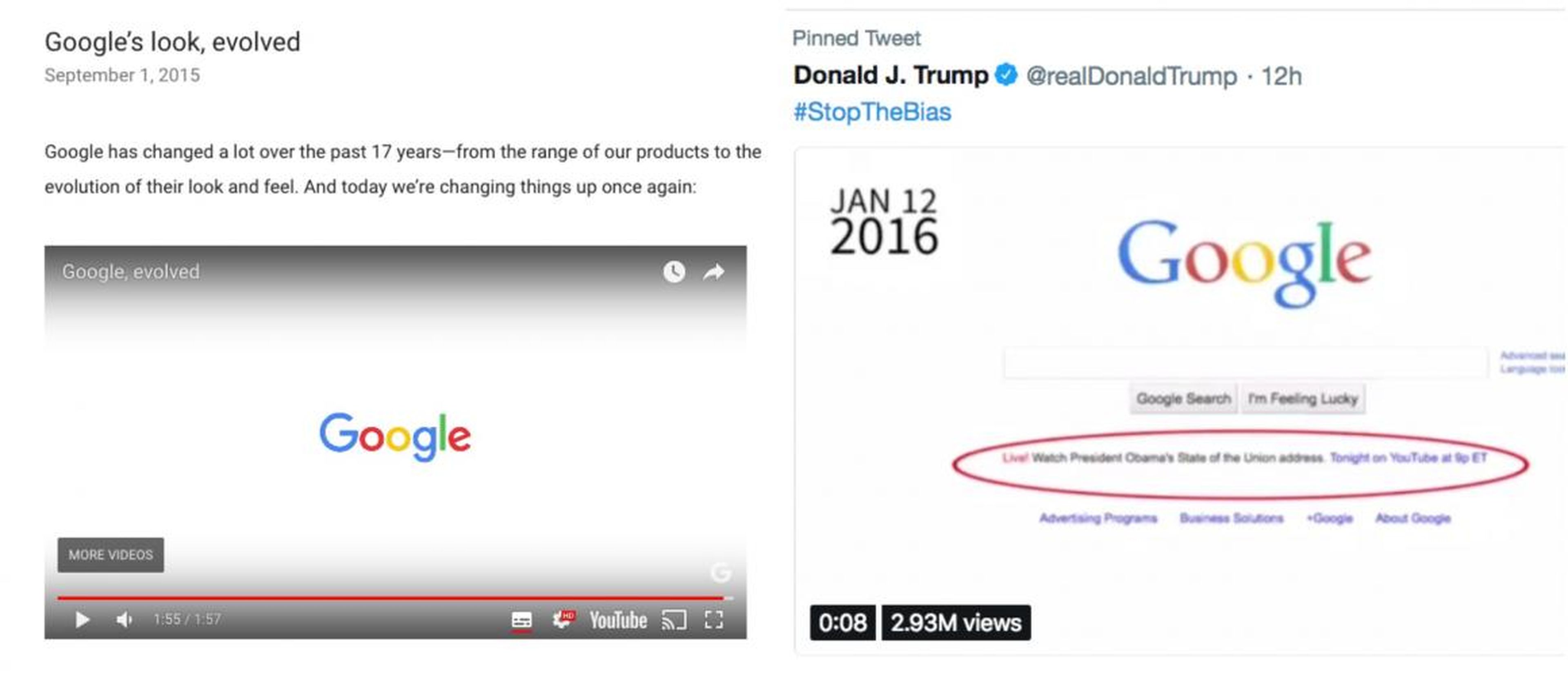 A la izquierda, el nuevo logo de Google, que utiliza desde septiembre de 2015. A la derecha, el logo que se ve en el vídeo de Trump, supuestamente de 2016.