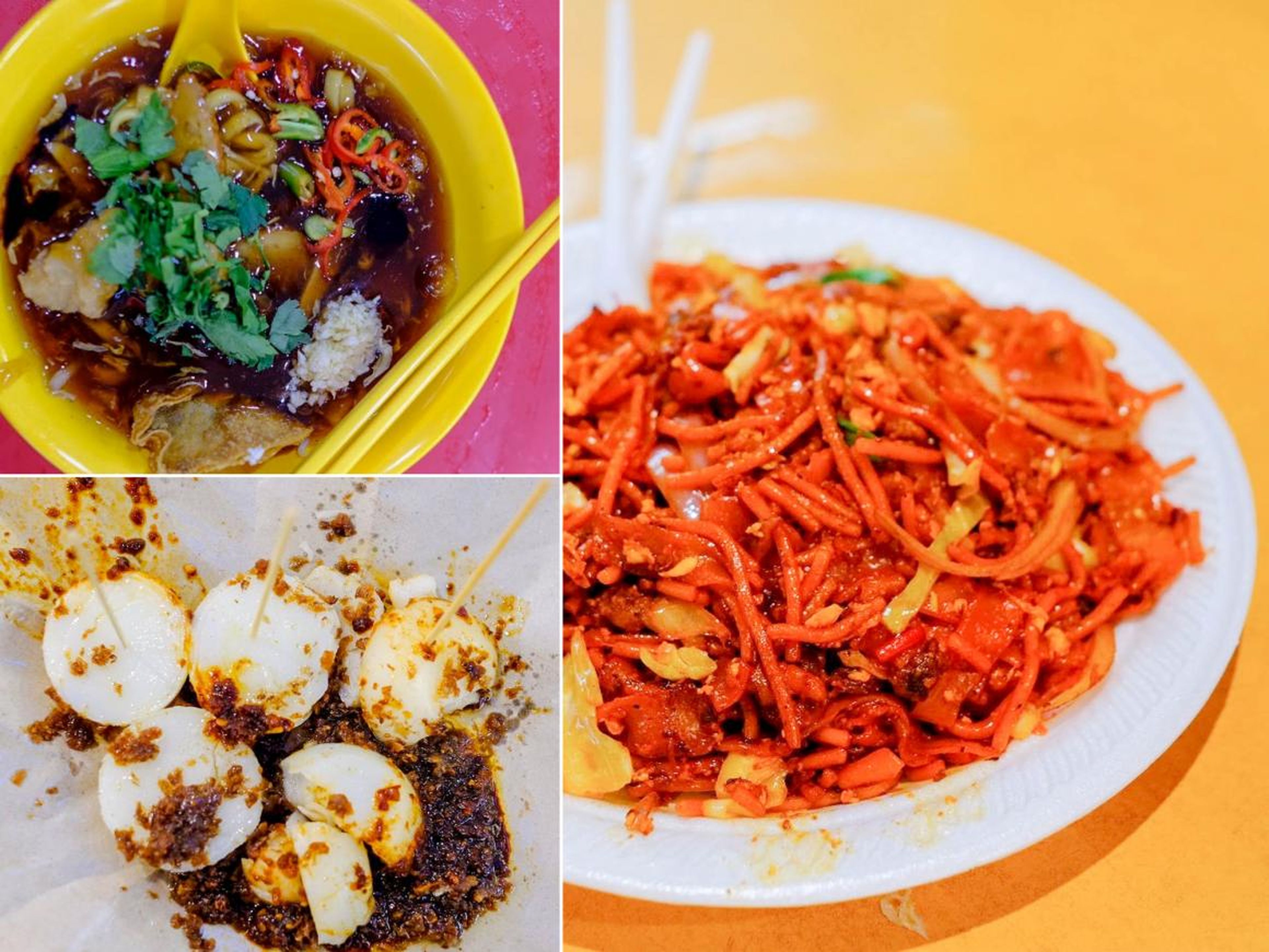 Three dishes I had on my food tour, from left: lor mee, a Chinese noodle soup of flat noodles and thick gravy; Indian mutton noodles; and chwee kueh, steamed rice cakes with hot preserved radish relish.