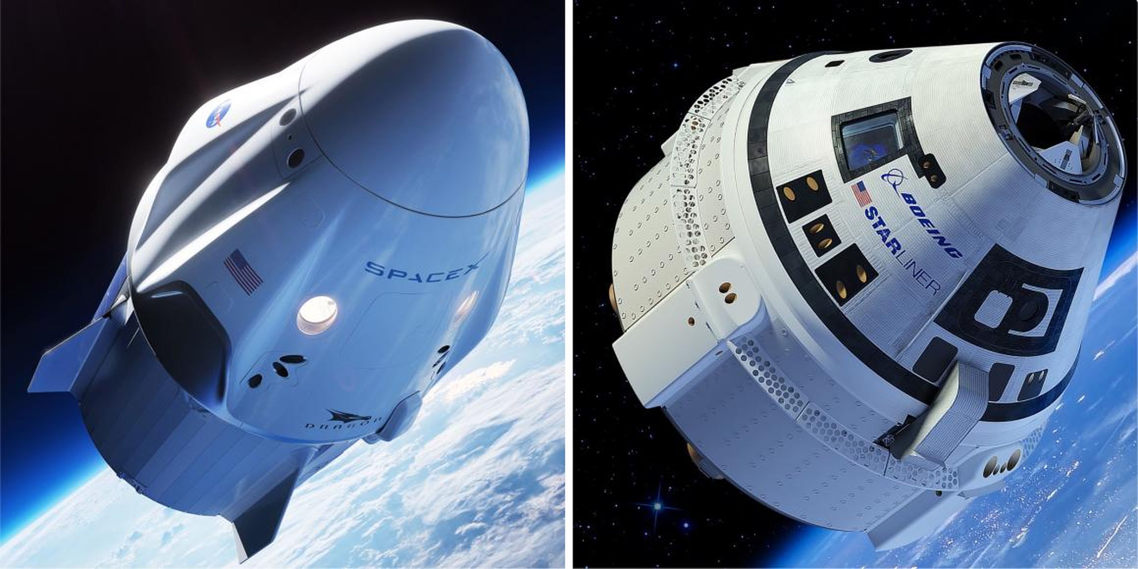 An illustration of SpaceX's Crew Dragon spacecraft, left, and Boeing's CST-100 Starliner spacecraft.