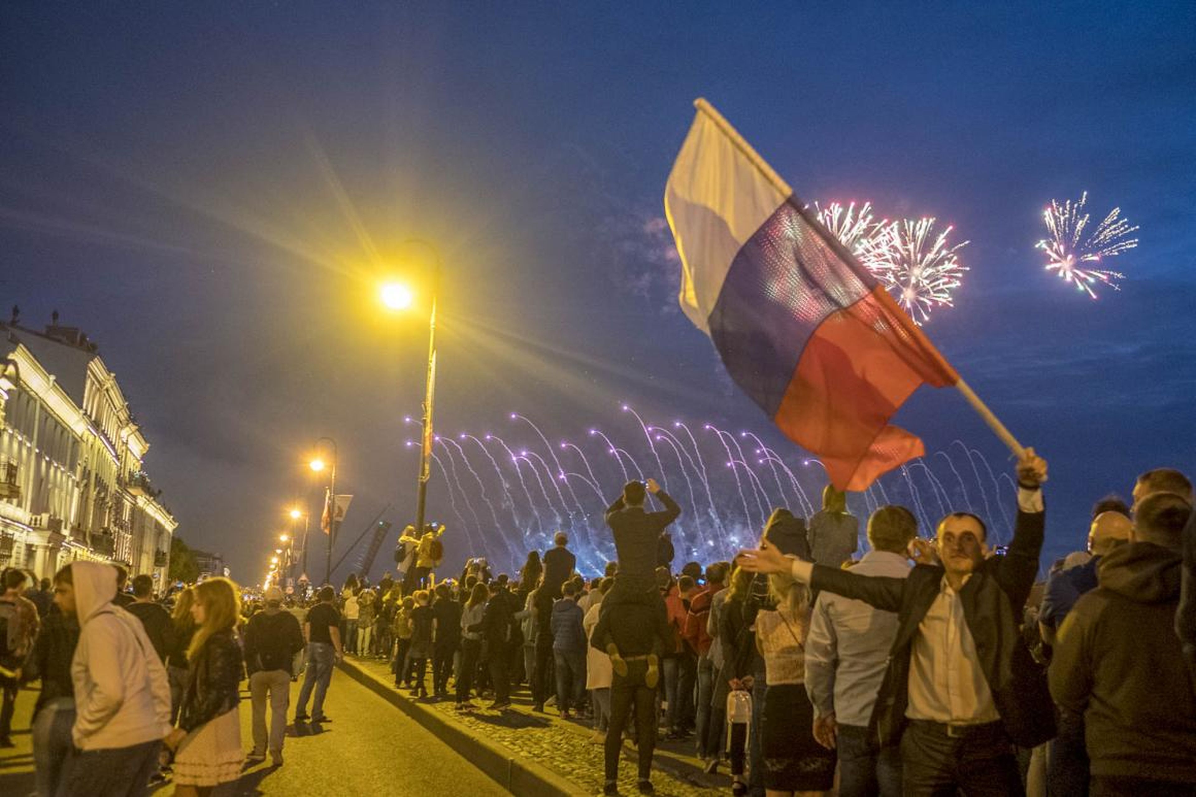 The White Nights peak with the Scarlet Sails festival. It's the biggest night of the year in St. Petersburg. Everyone comes out to the banks of the Neva River to watch a grand display of fireworks, a water show, music, and the