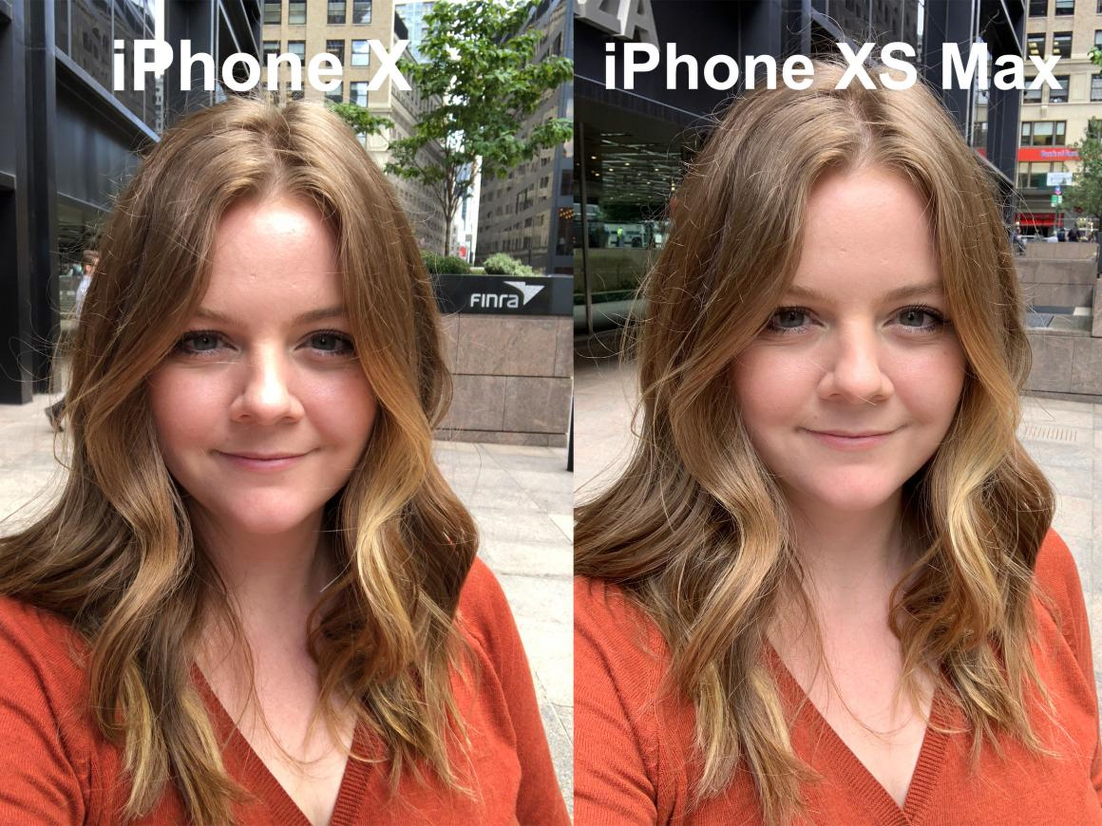 In a bright outdoor environment, Avery's face was still smoothed out, which doesn't align with the noise-reduction theory. Colors were also greatly evened out in the iPhone XS selfie.
