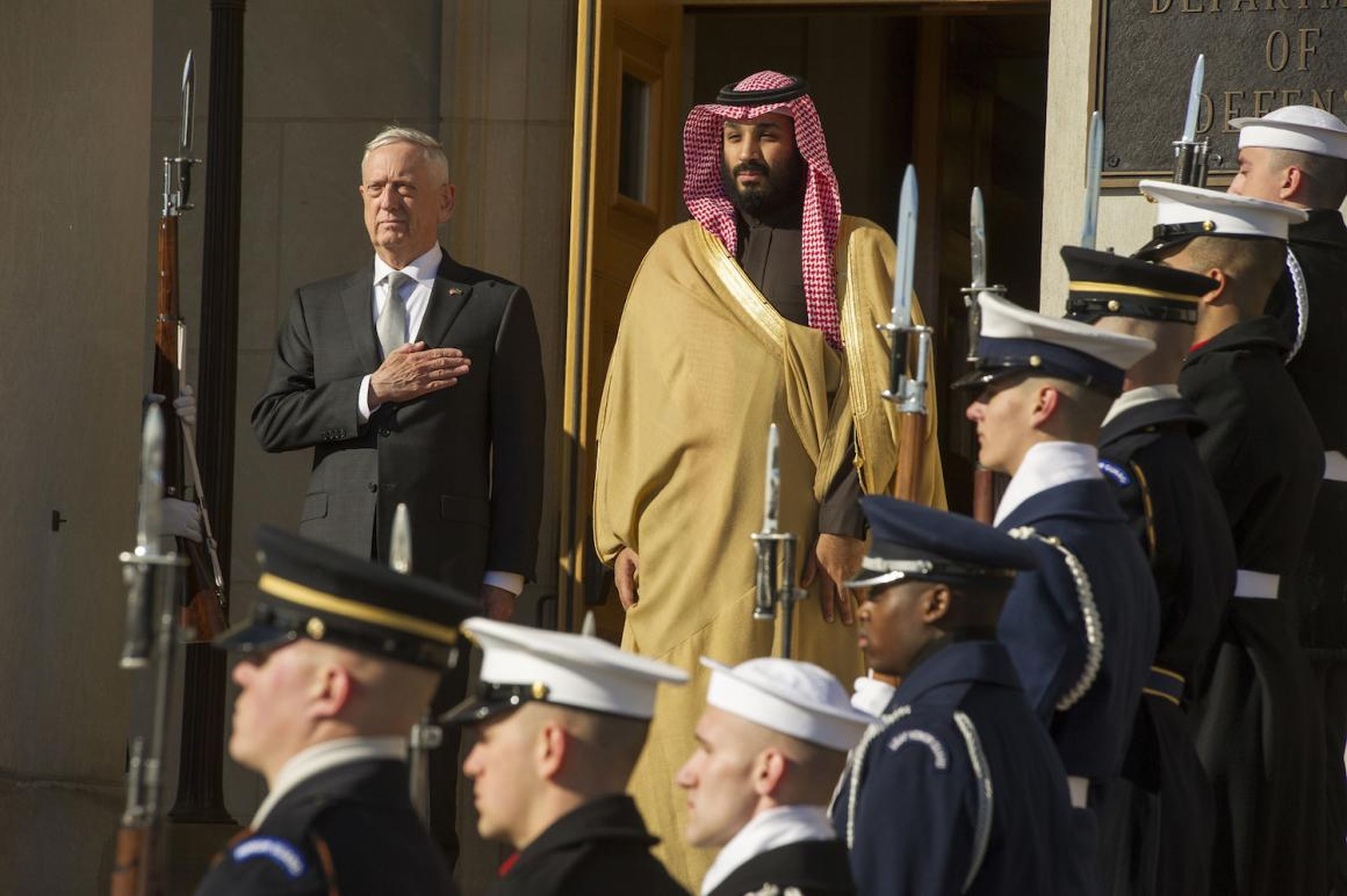 Defense Secretary James Mattis welcoming Prince Mohammed to the Pentagon on March 22.