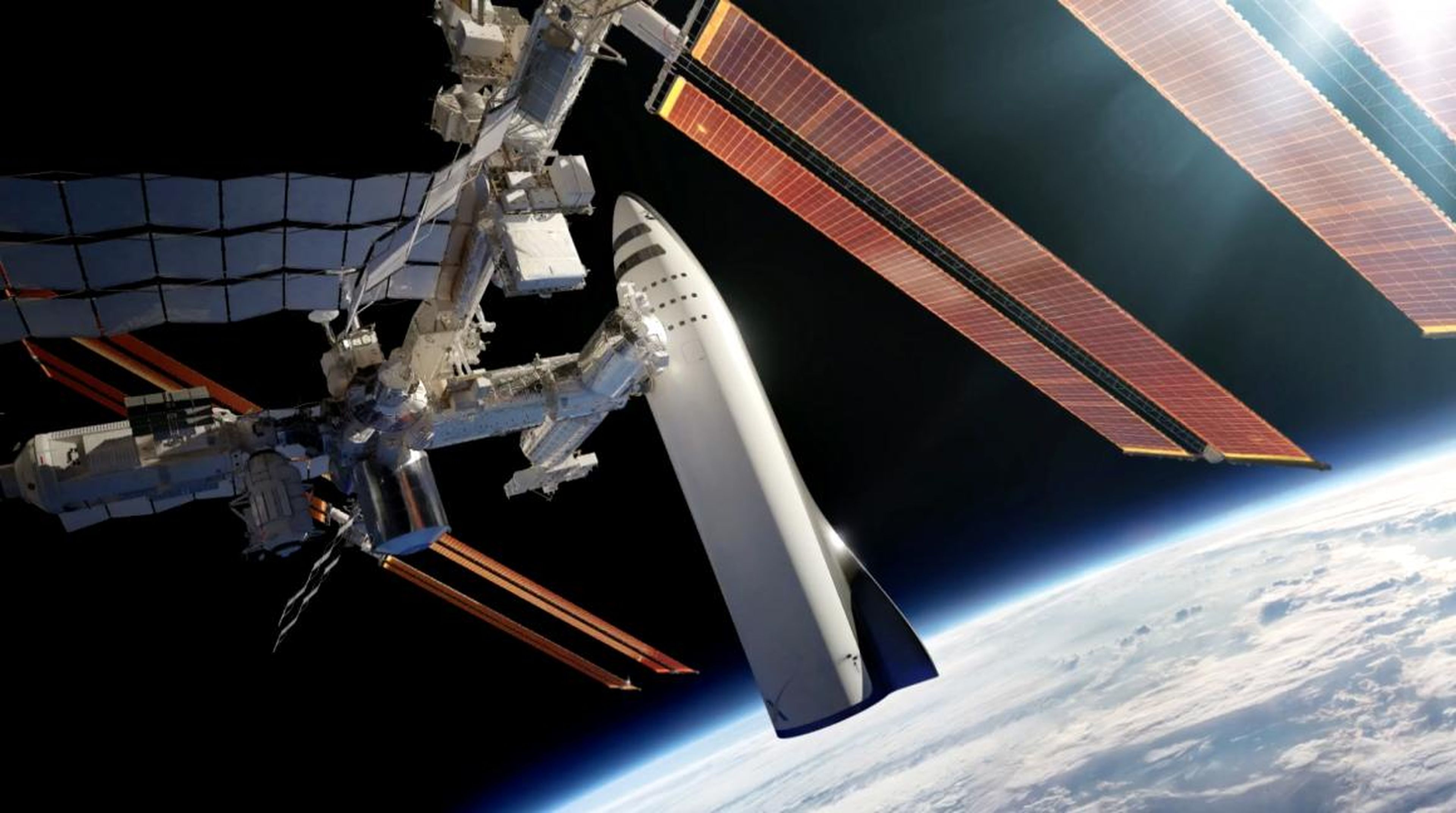 Una ilustración de una nave espacial BFR atracada en la Estación Espacial Internacional.