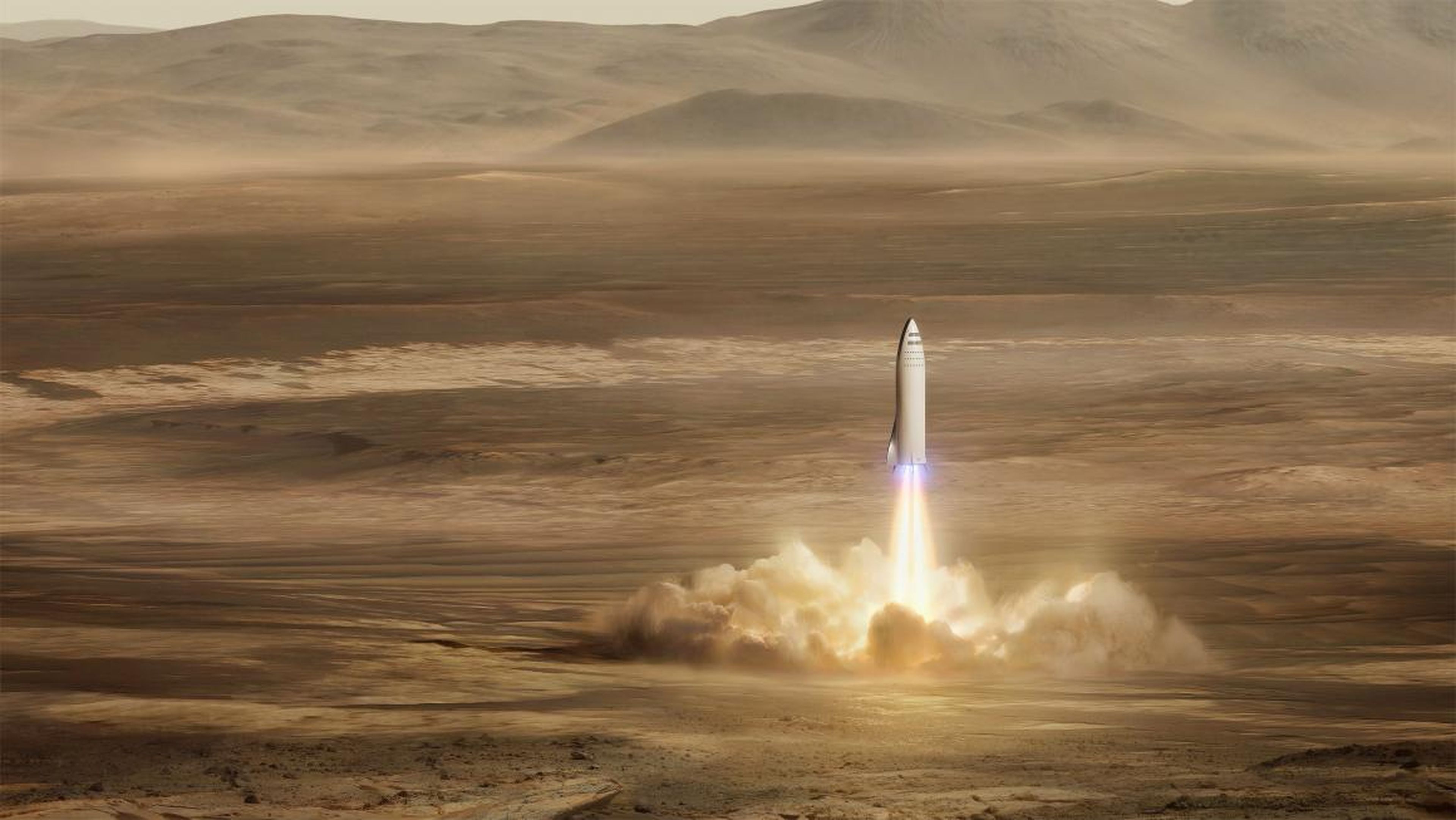 Una ilustración de la nave espacial BFR de SpaceX aterrizando en Marte.