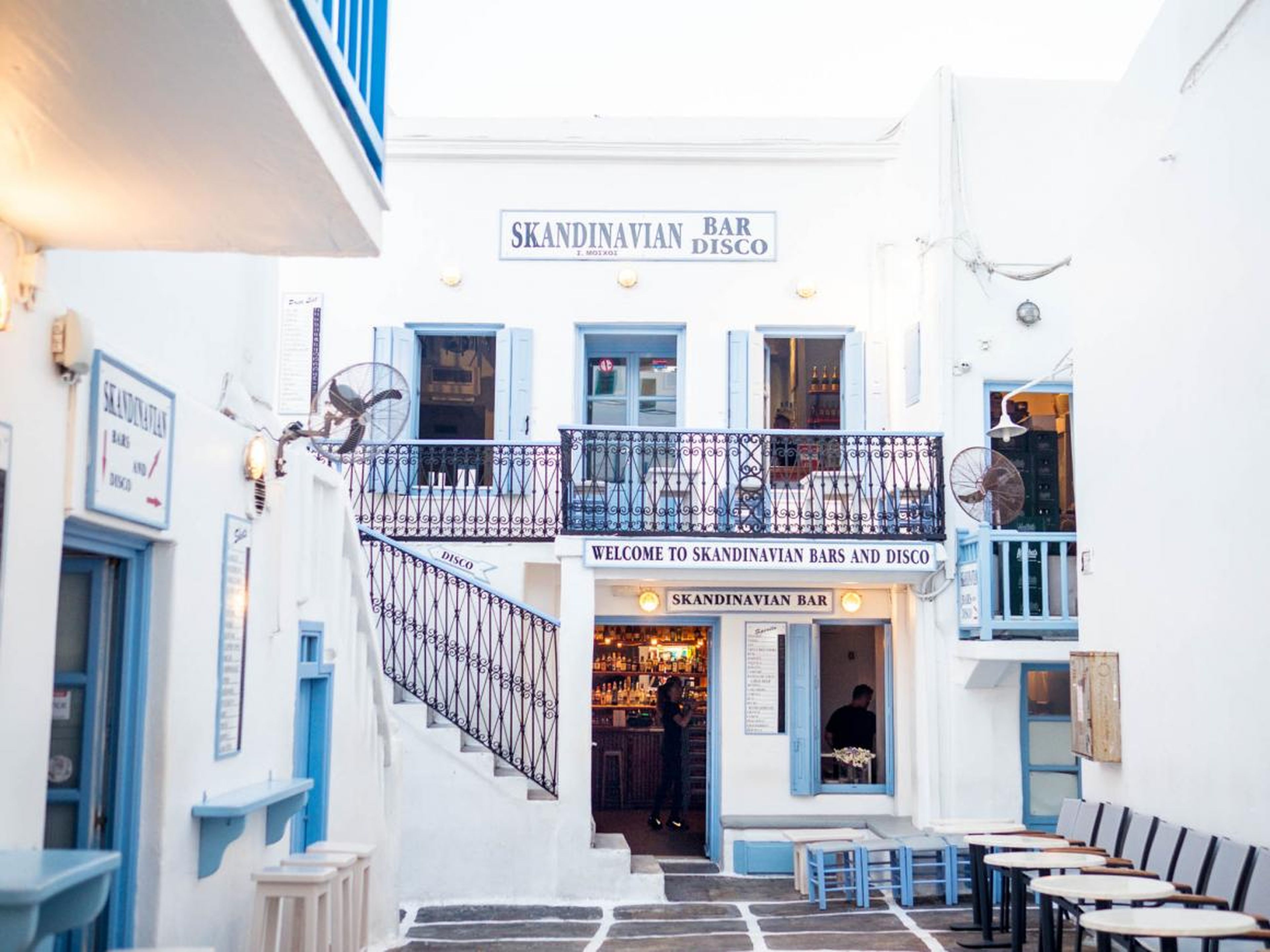 Mykonos' nightlife is known for being intense, going deep into the night. It's mostly focused around bars like Skandinavian Bar & Disco, a landmark spot on the island.