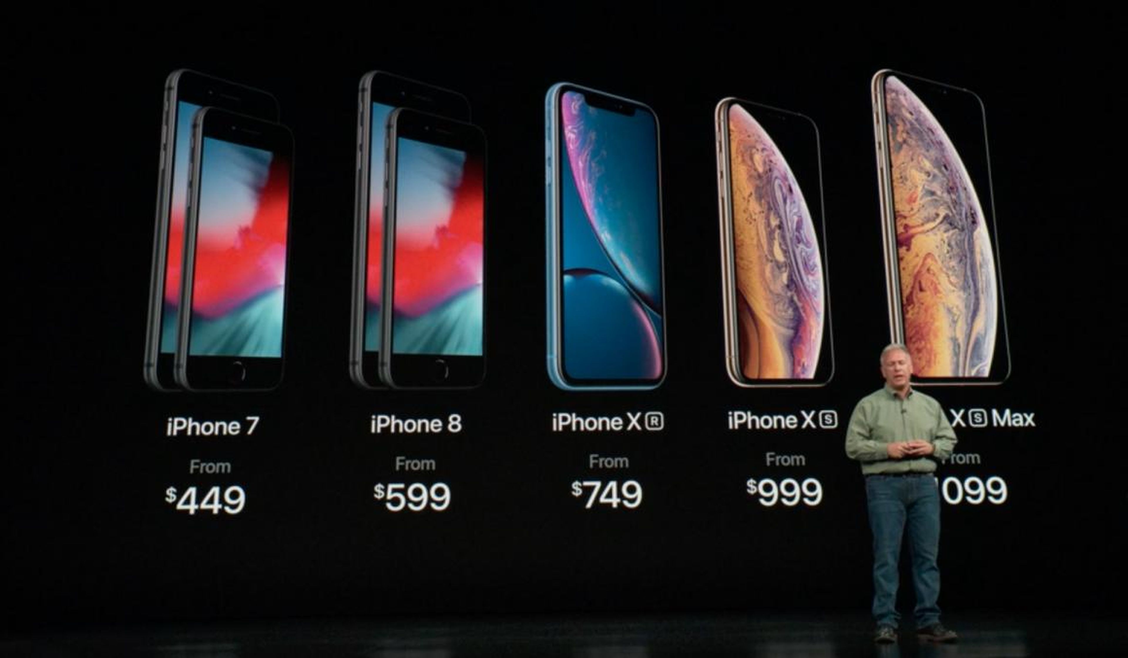 Phil Schiller, jefe de marketing de Apple, muestra la línea actualizada de iPhone en la presentación de ayer miércoles.