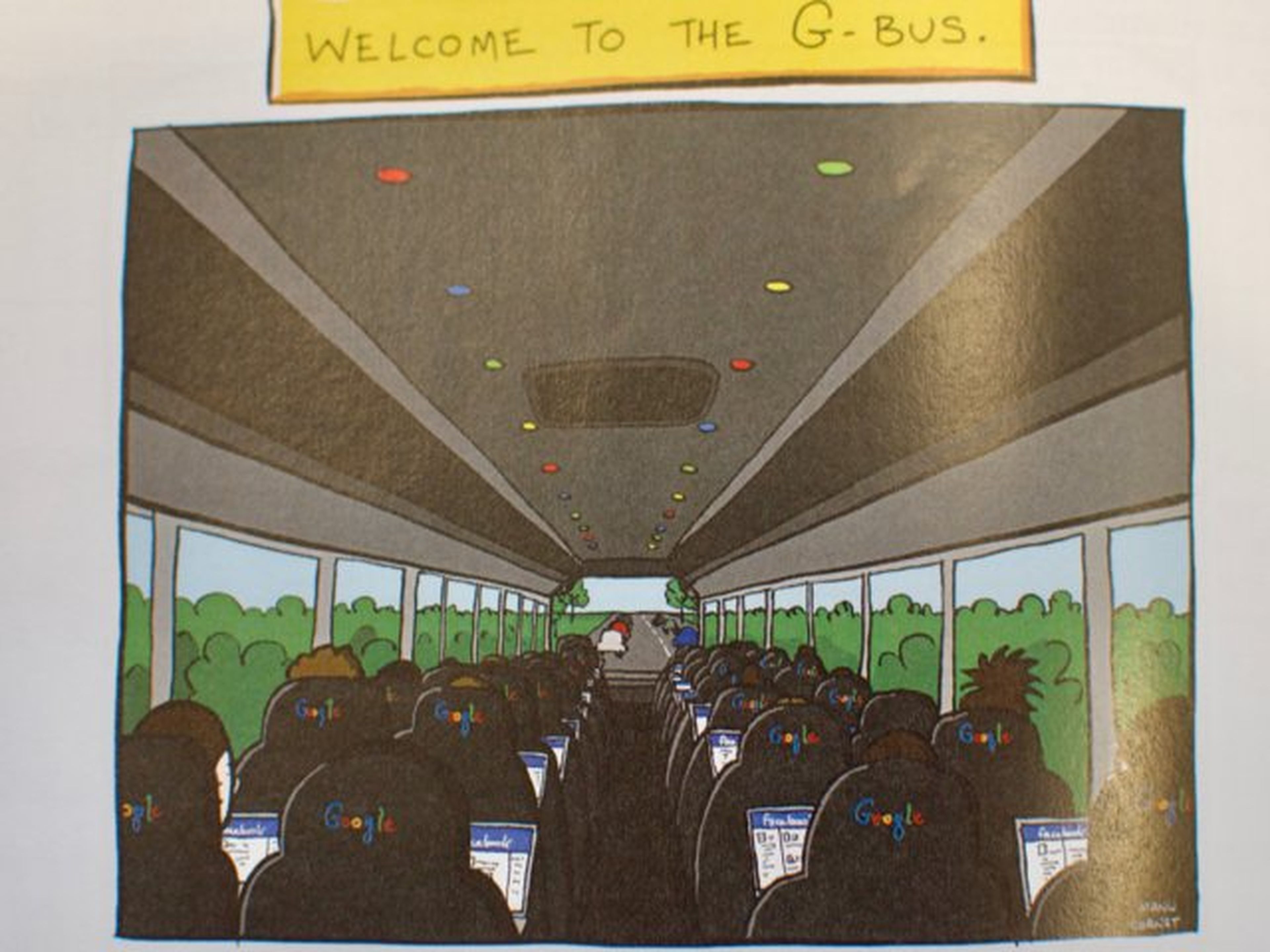 Caricatura del G-Bus, el autobús para empleados de Google