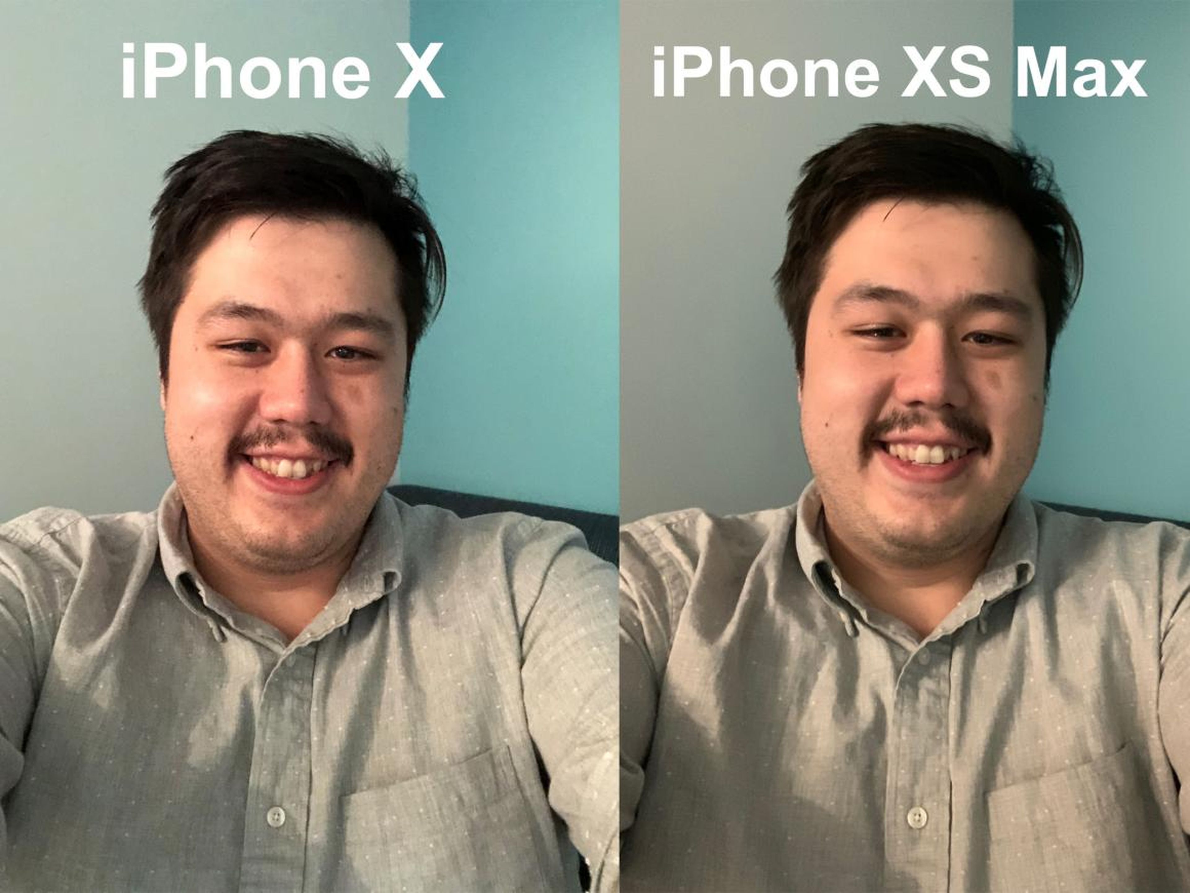 The same goes for Kif's low-light selfies with the iPhone XS Max, where his face is smoothed out considerably compared to the iPhone X selfie. Face sheen is reduced and colors are more uniform in the iPhone XS selfie.