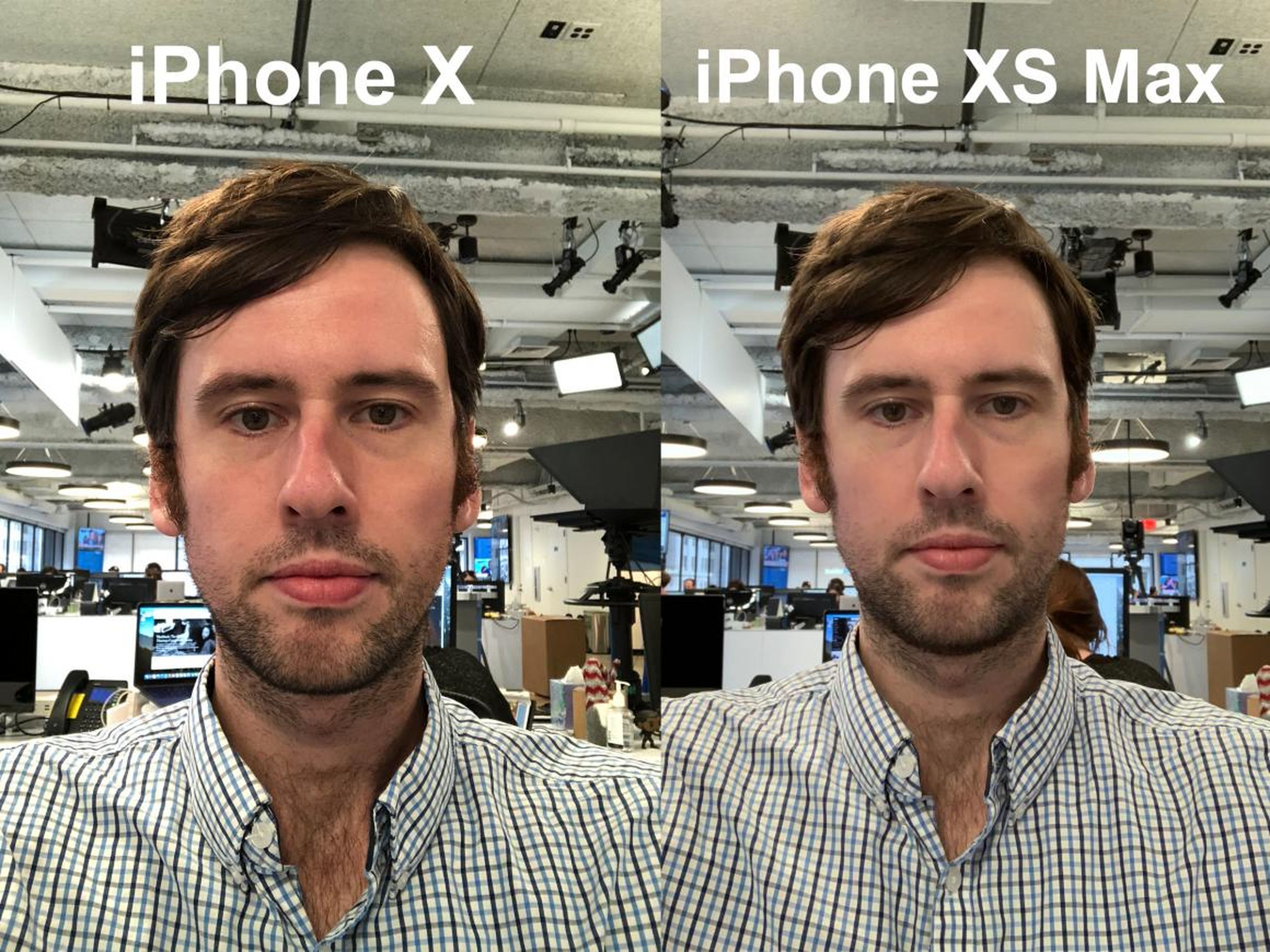 The smoothing is less pronounced here, but it's still there, especially with face sheen. The colors of my face and lips are less red and more uniform in the iPhone XS selfie, too.