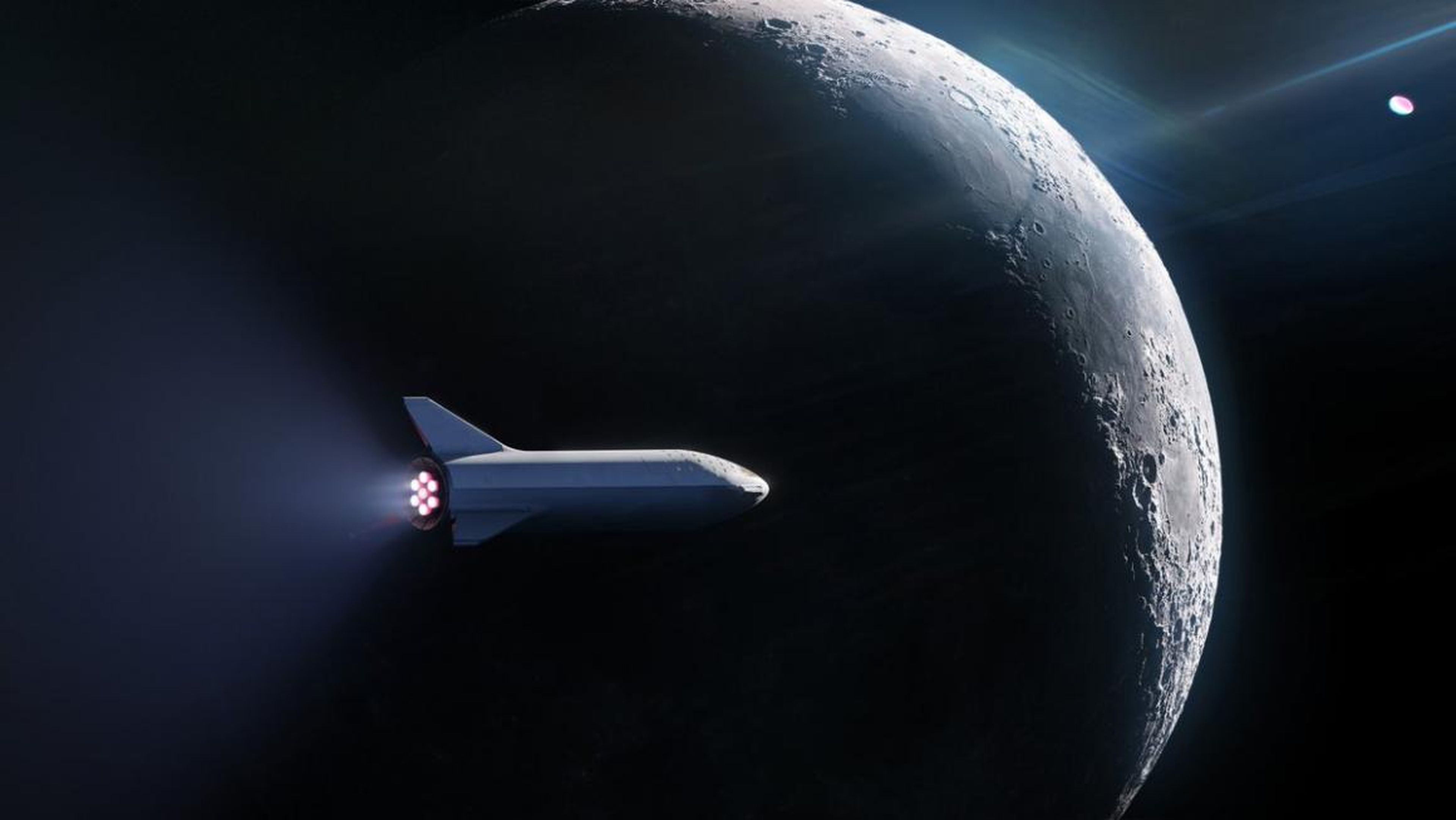 SpaceX representa una nave espacial Big Falcon Rocket que transporta a un pasajero alrededor de la luna.