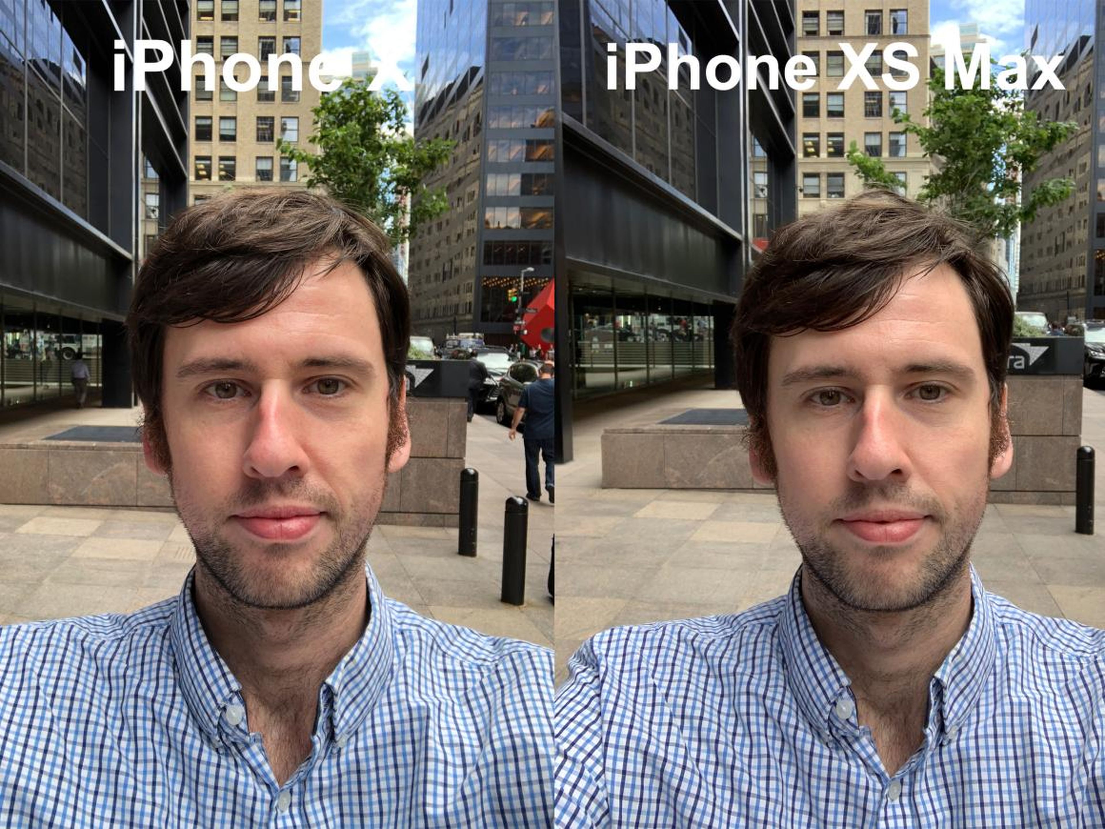 There's a little bit of smoothing going on here, as well as some color uniformity on the iPhone XS' selfie.