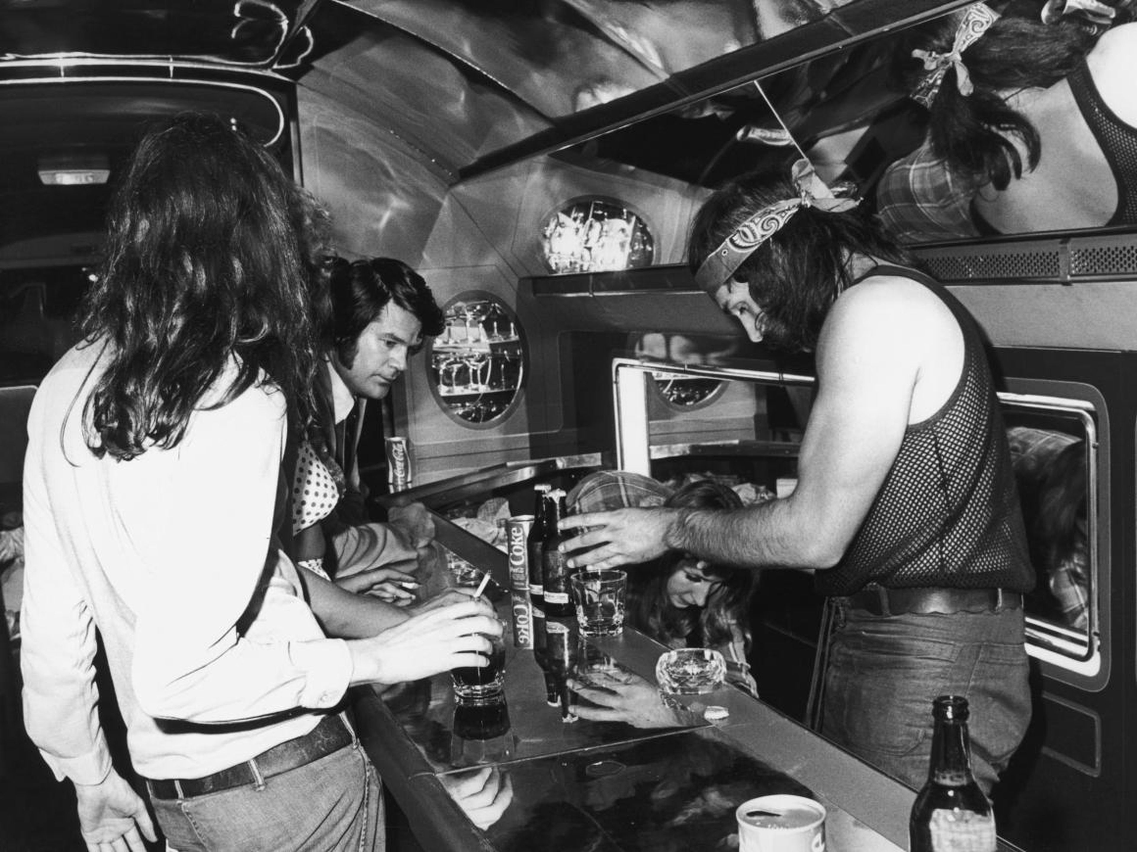 The bar on a private Boeing 720B airliner known as "The Starship," which was used by English rock group Led Zeppelin on a North American tour in July 1973.