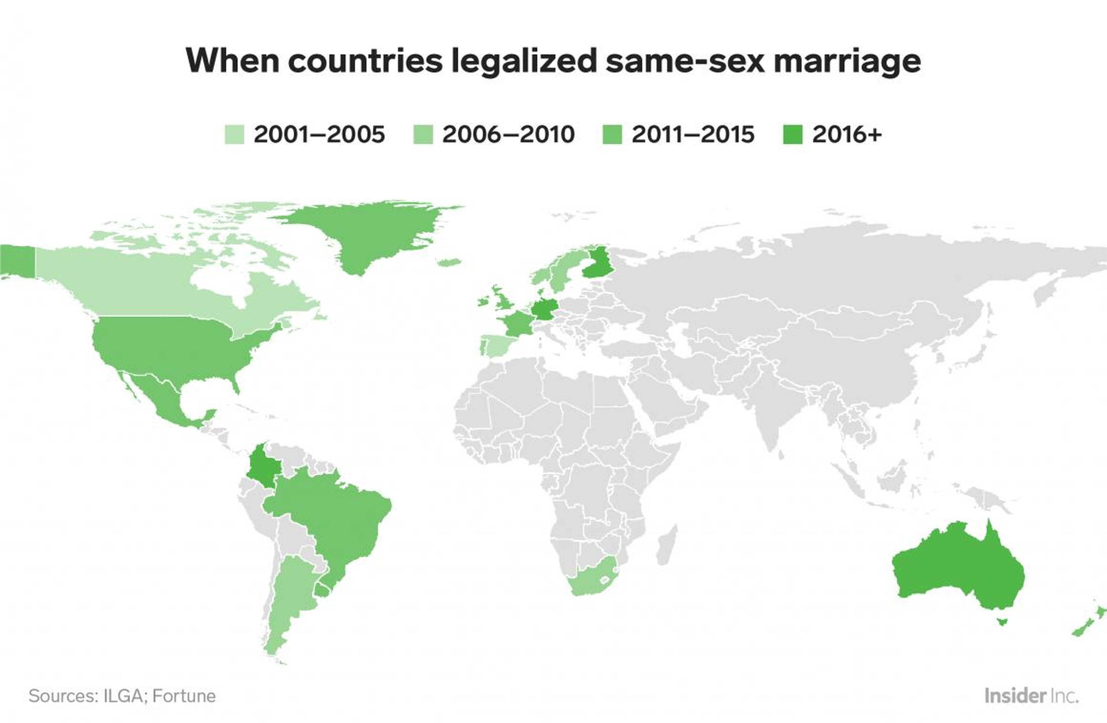 Australia, Alemania y Malta son los más recientes en adoptar el matrimonio homosexual, en 2017. El primer país en hacerlo fue Holanda en 2001.
