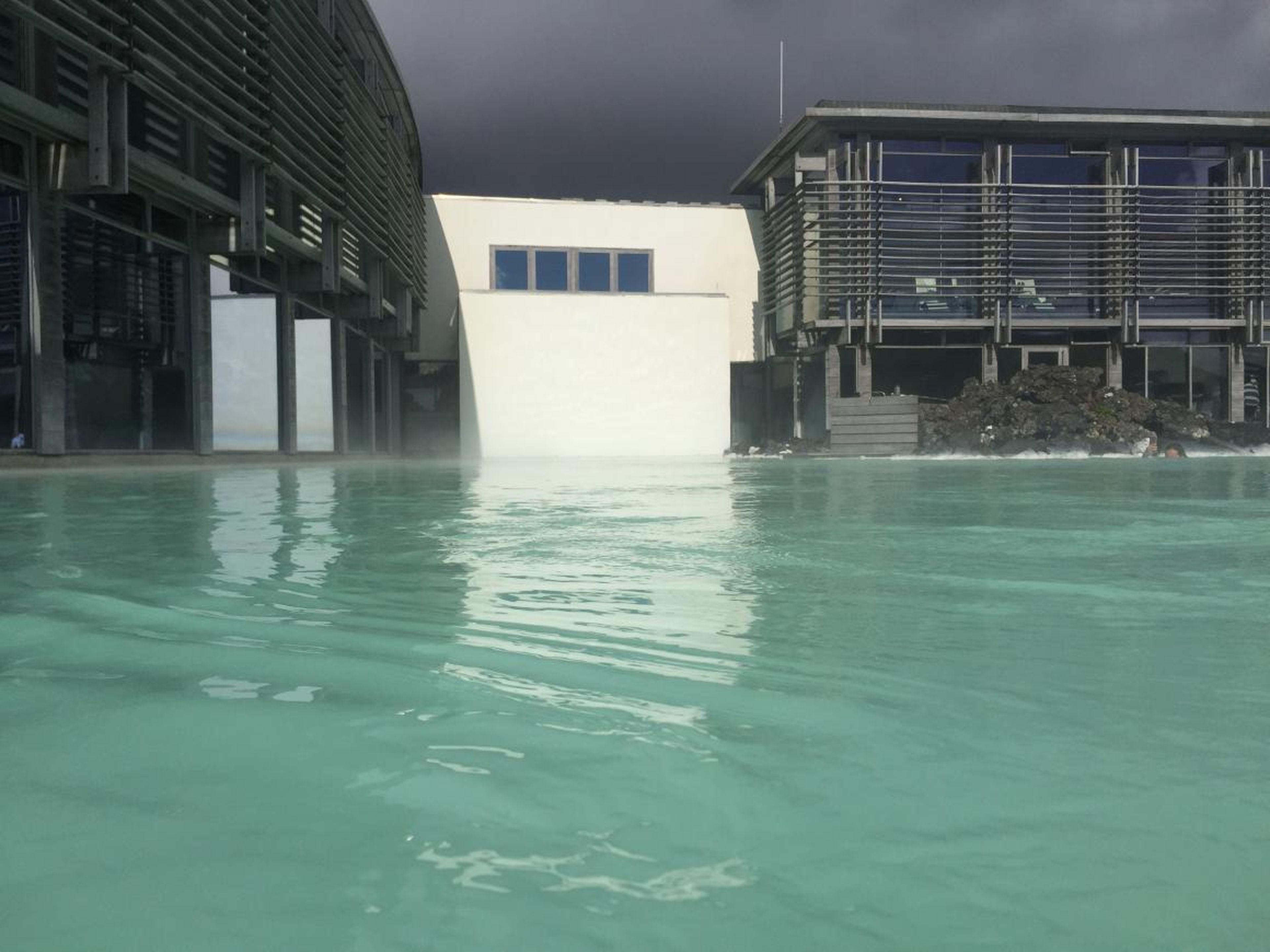 Buildings surround the borders of the Blue Lagoon.