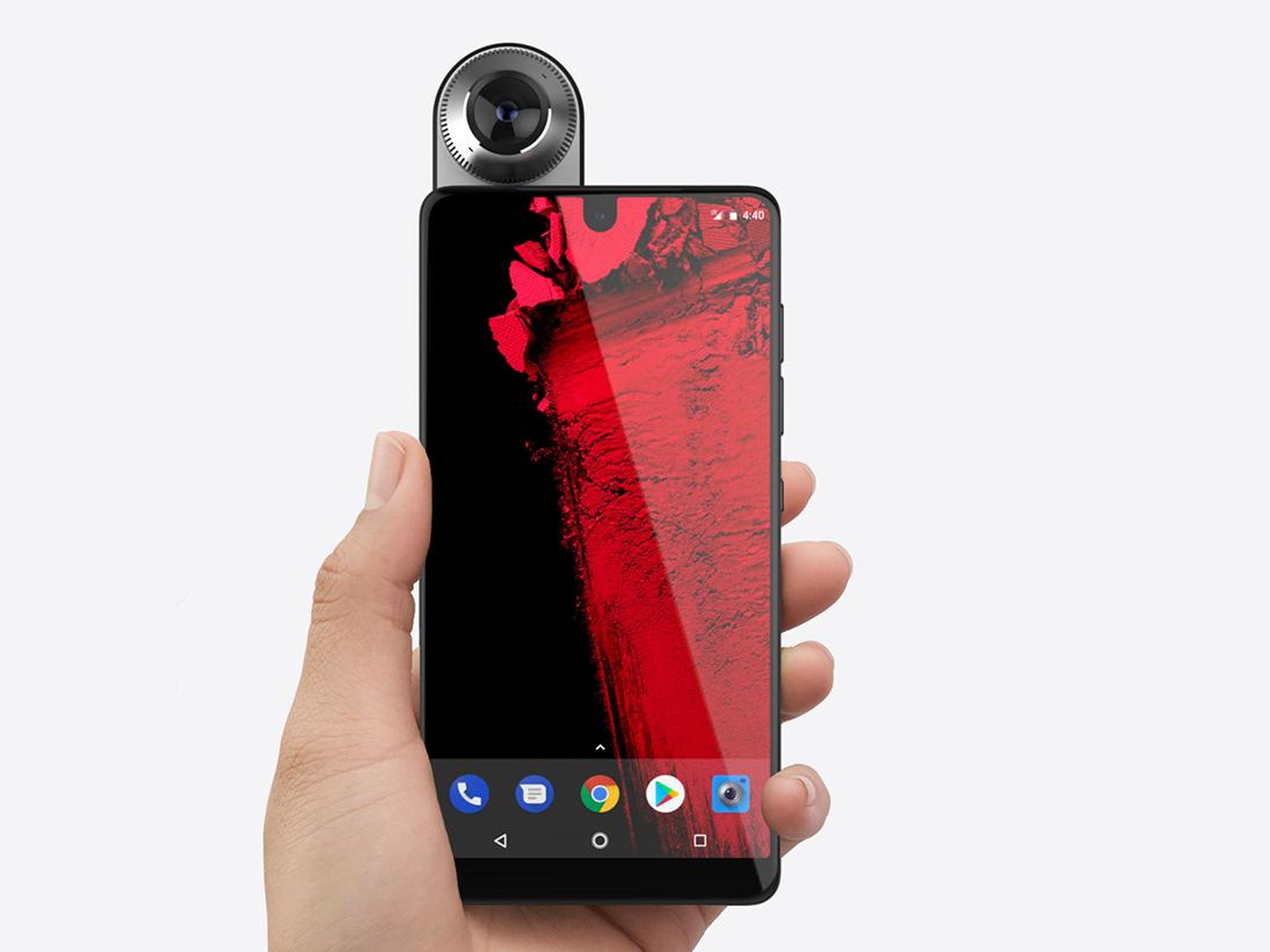 The Essential Phone uses magnetic pins on the back that allow it to snap on accessories such as this 360-degree camera.