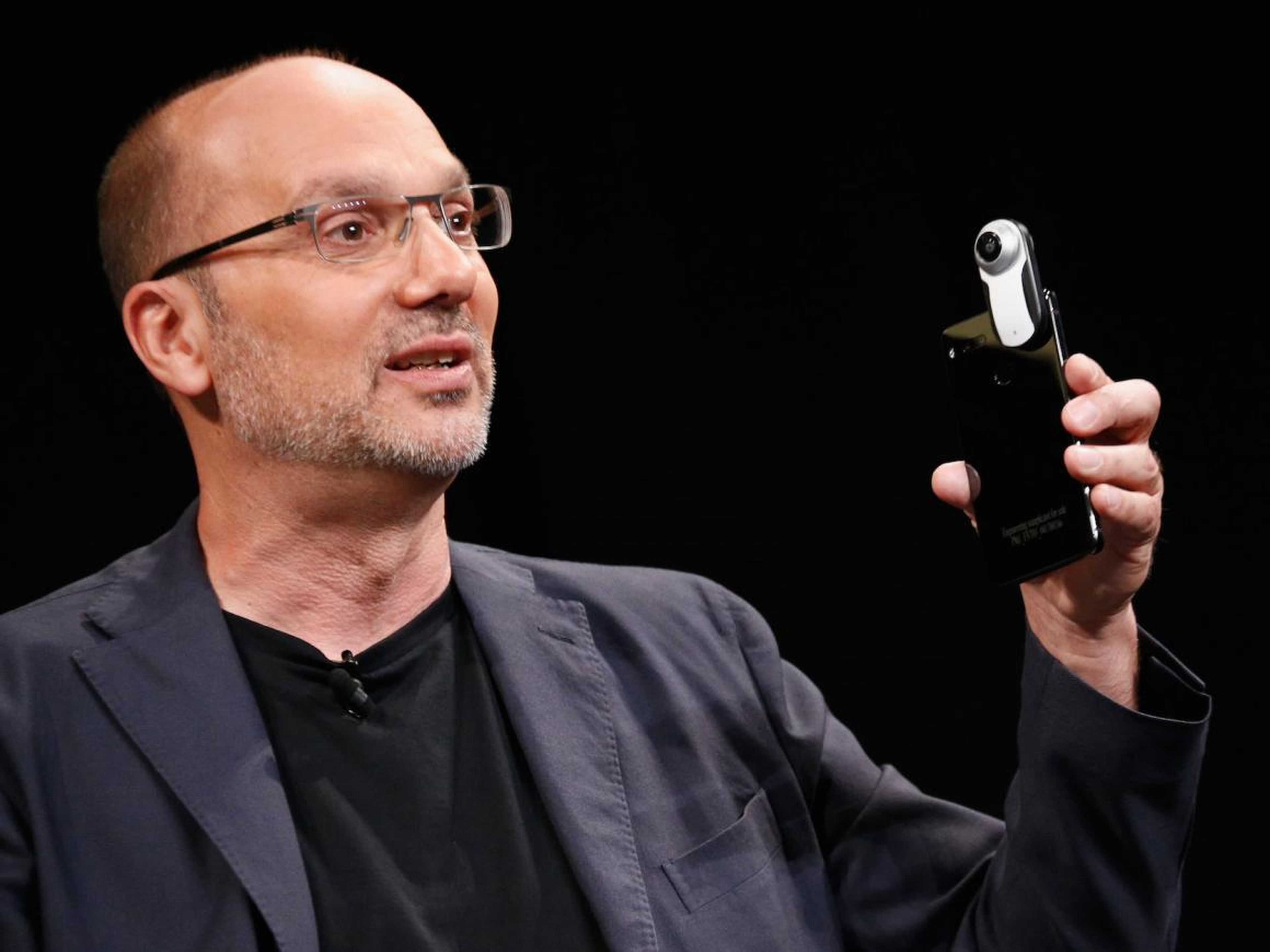 Essential's Andy Rubin, who also co-founded the Android operating system, announcing the Essential Phone with a 360-degree camera attachment.