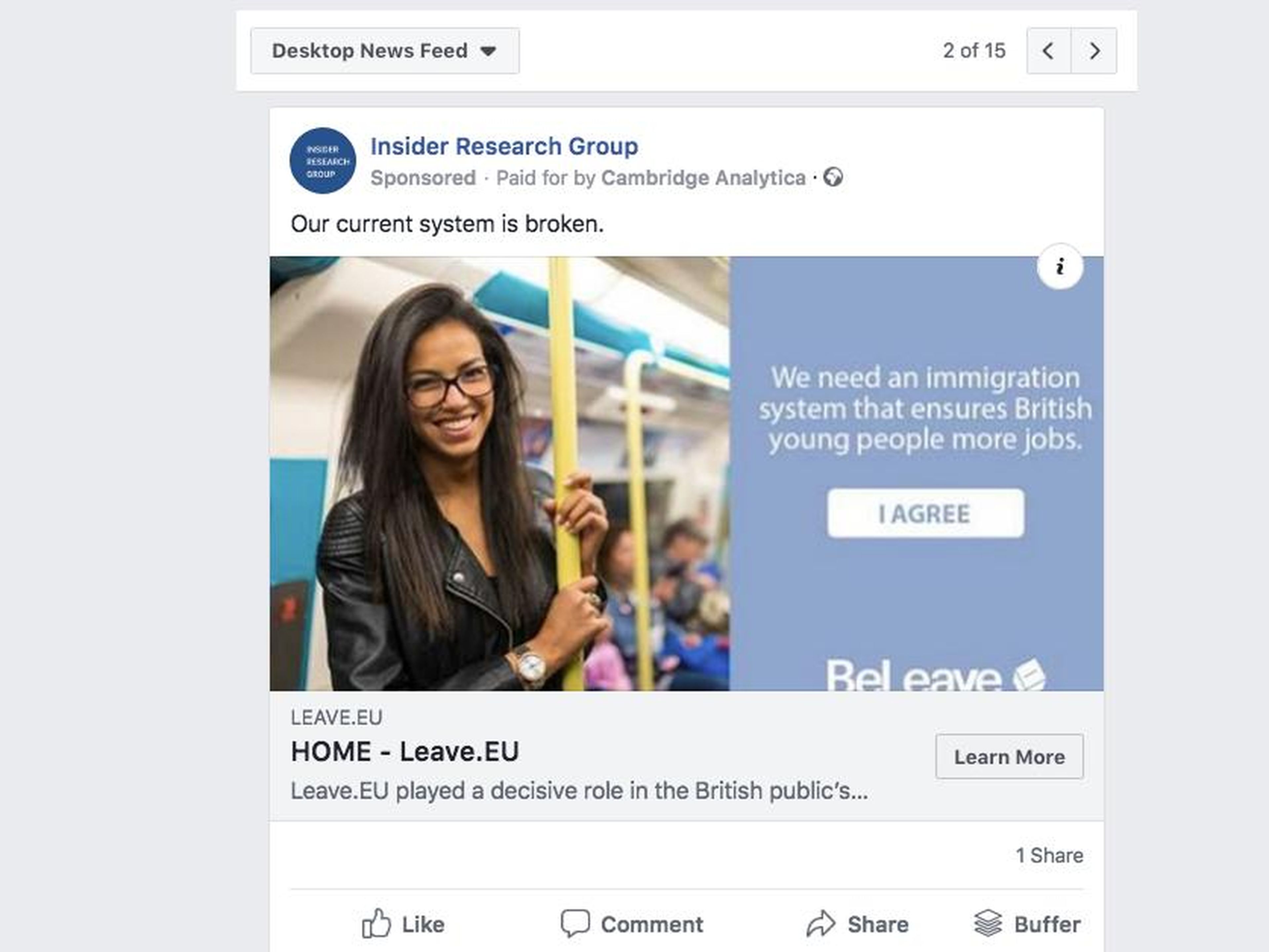 Business Insider's fake Cambridge Analytica ad, which slipped past Facebook's ad approval filters.