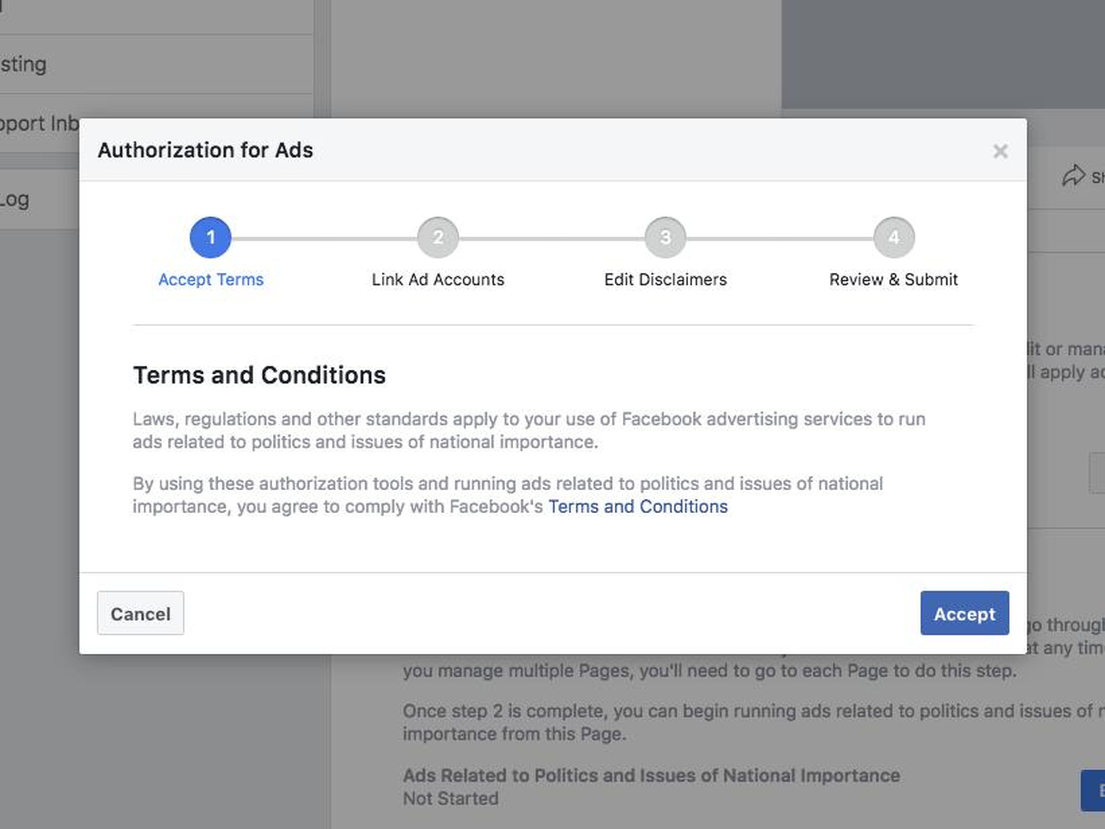 Facebook's authorization process for users wanting to post political ads on its site and apps.