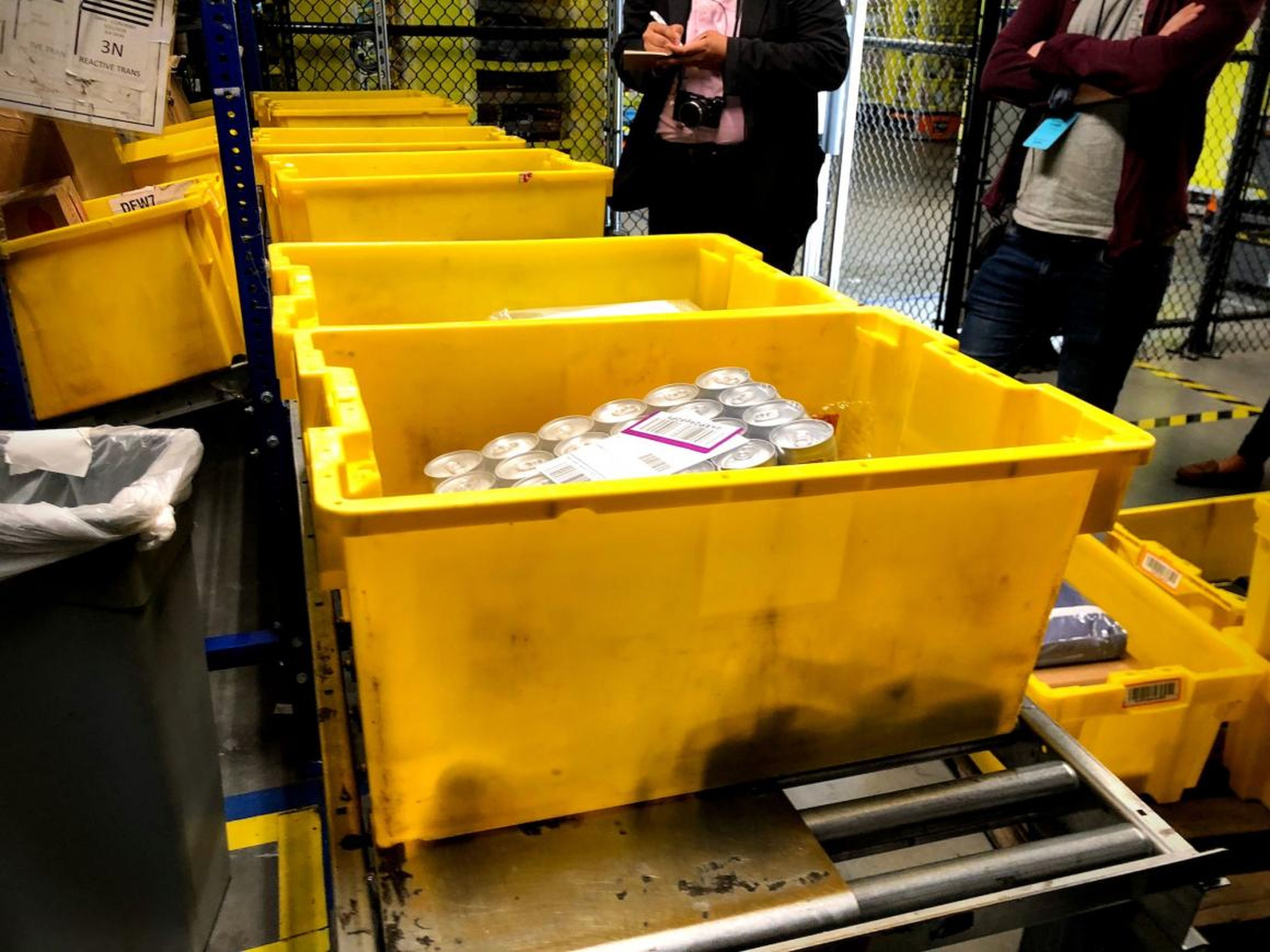 The fulfillment center relies heavily on these yellow bins, which I saw everywhere throughout my tour. Each has a barcode, and items that arrive at the fulfillment center are sorted into them using a process Amazon calls "random