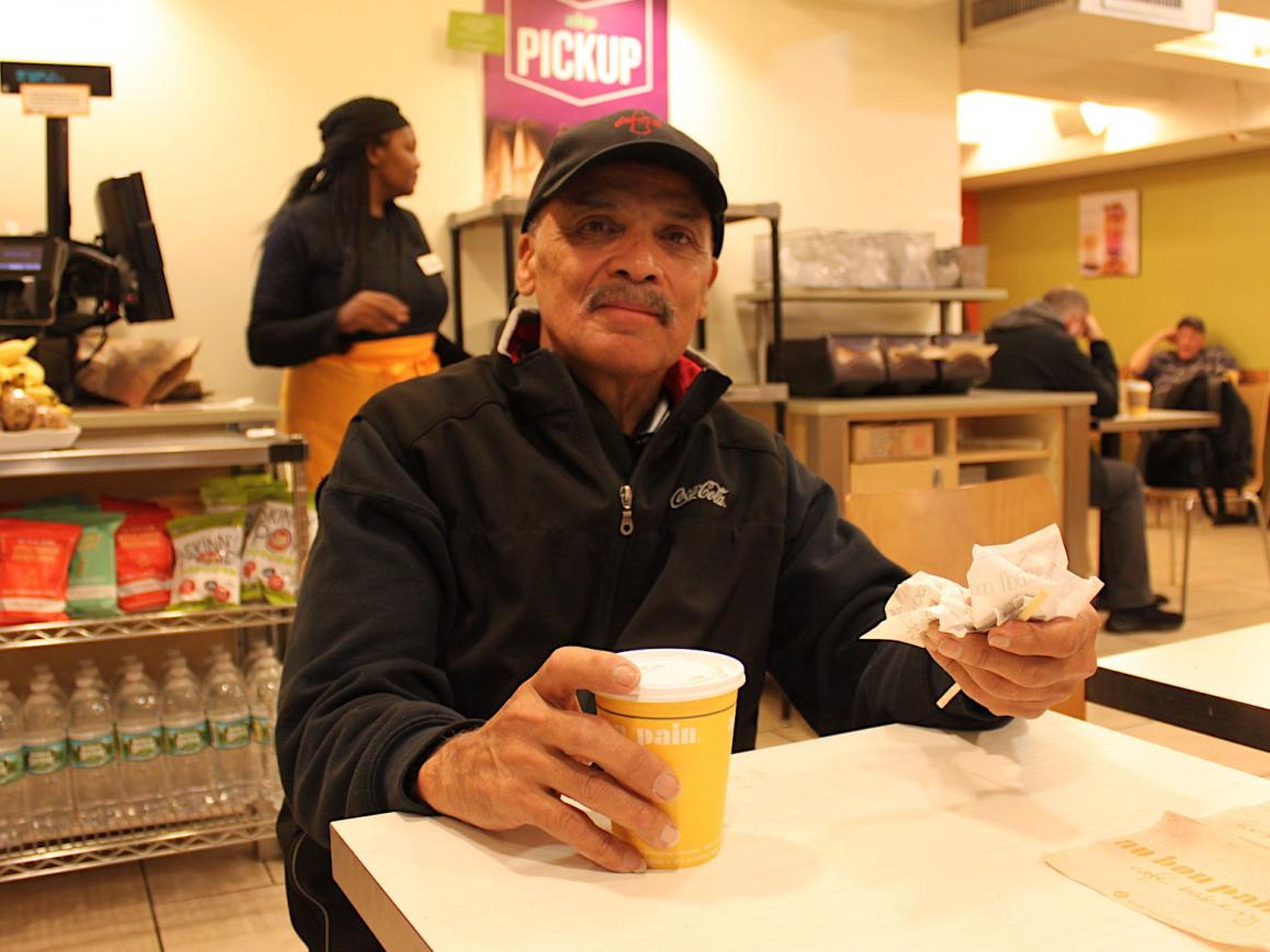 He usually grabs oatmeal and coffee at a bakery near Liberty Coca-Cola, but today he enjoyed a bagel and coffee at Penn Station's Au Bon Pain.