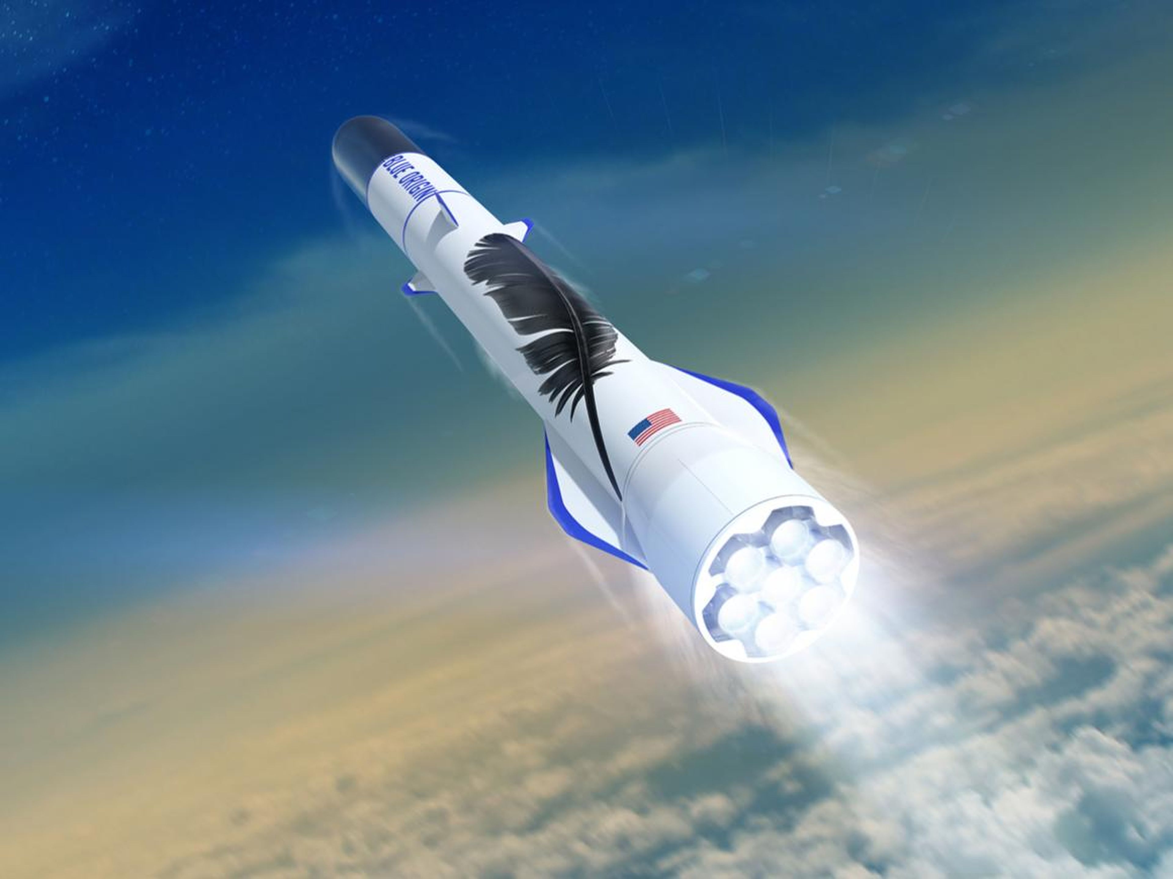 Una ilustración del reutilizable cohete New Glenn de Blue Origin que se lanza hacia el espacio.