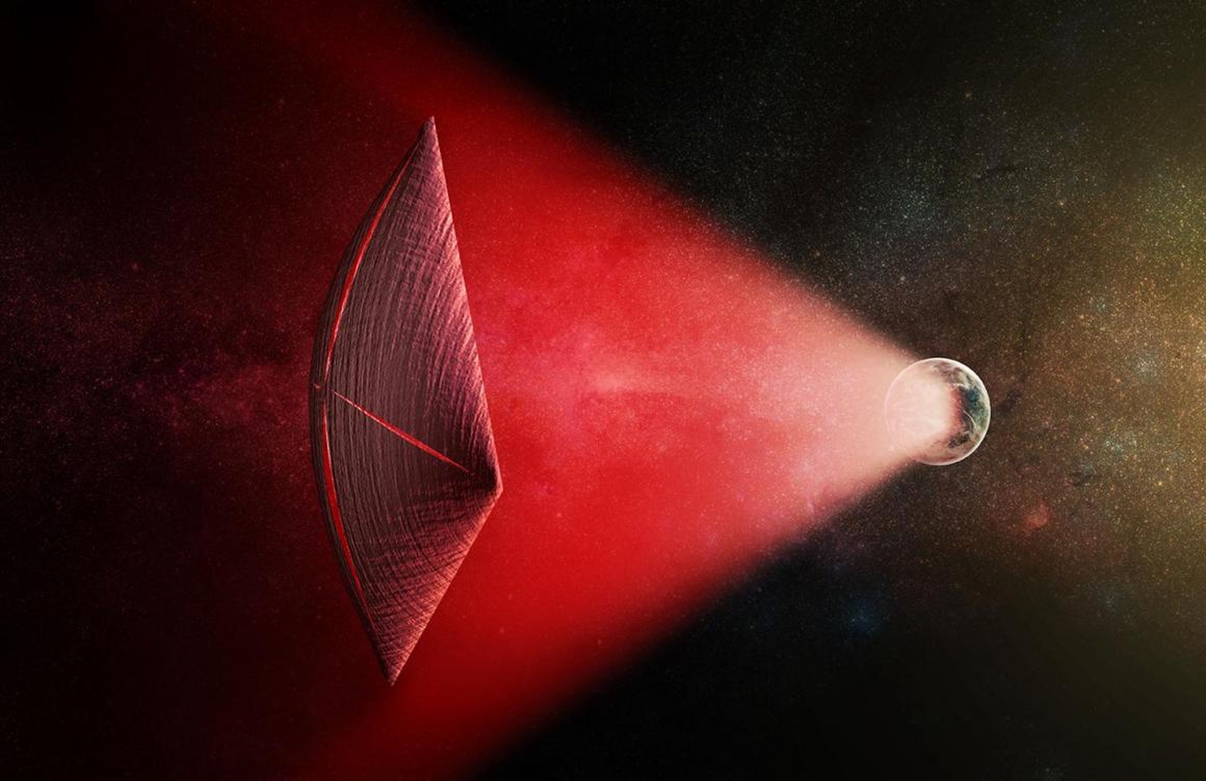 Una ilustración de una vela ligera con haz de radio en una nave extraterrestre.
