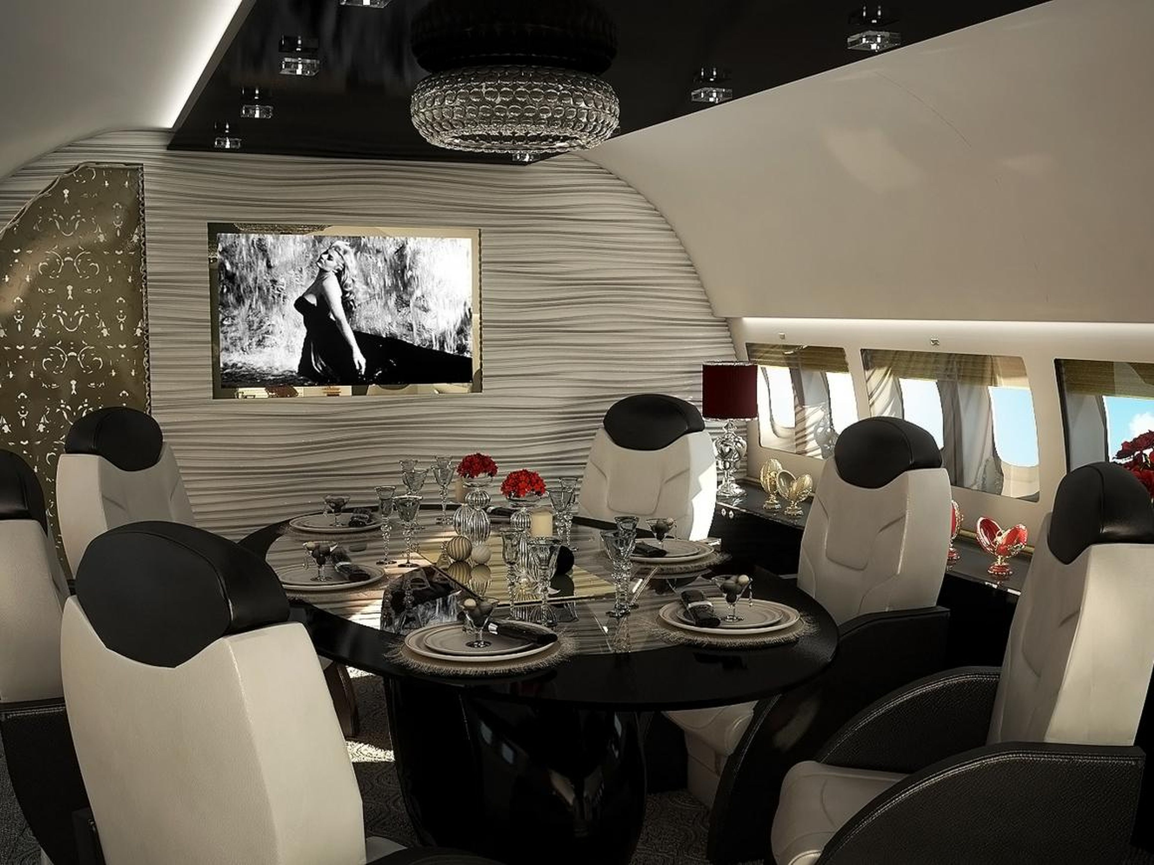 A rendering of a private jet's dining and meeting room designed by Airjet Designs.