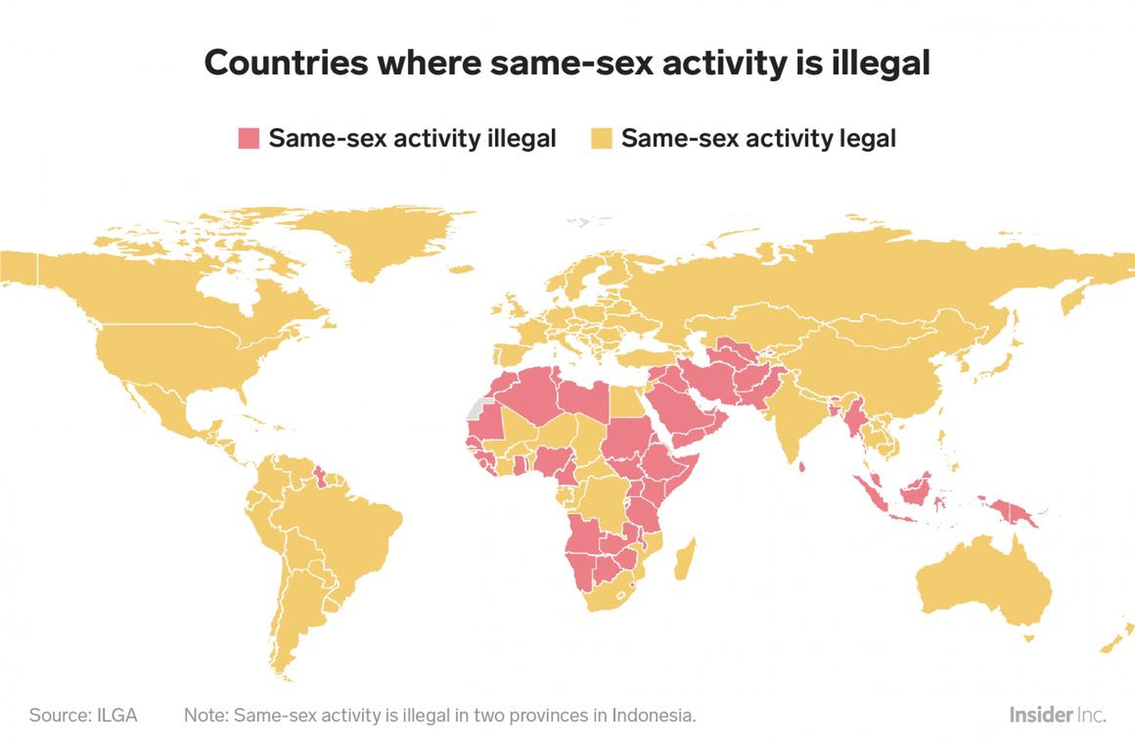 Si bien la mayoría del mundo ha legalizado la homosexualidad, los países donde todavía está prohibido están concentrados en Oriente Medio, el sudeste asiático y África, áreas con mayoría de naciones musulmanas.
