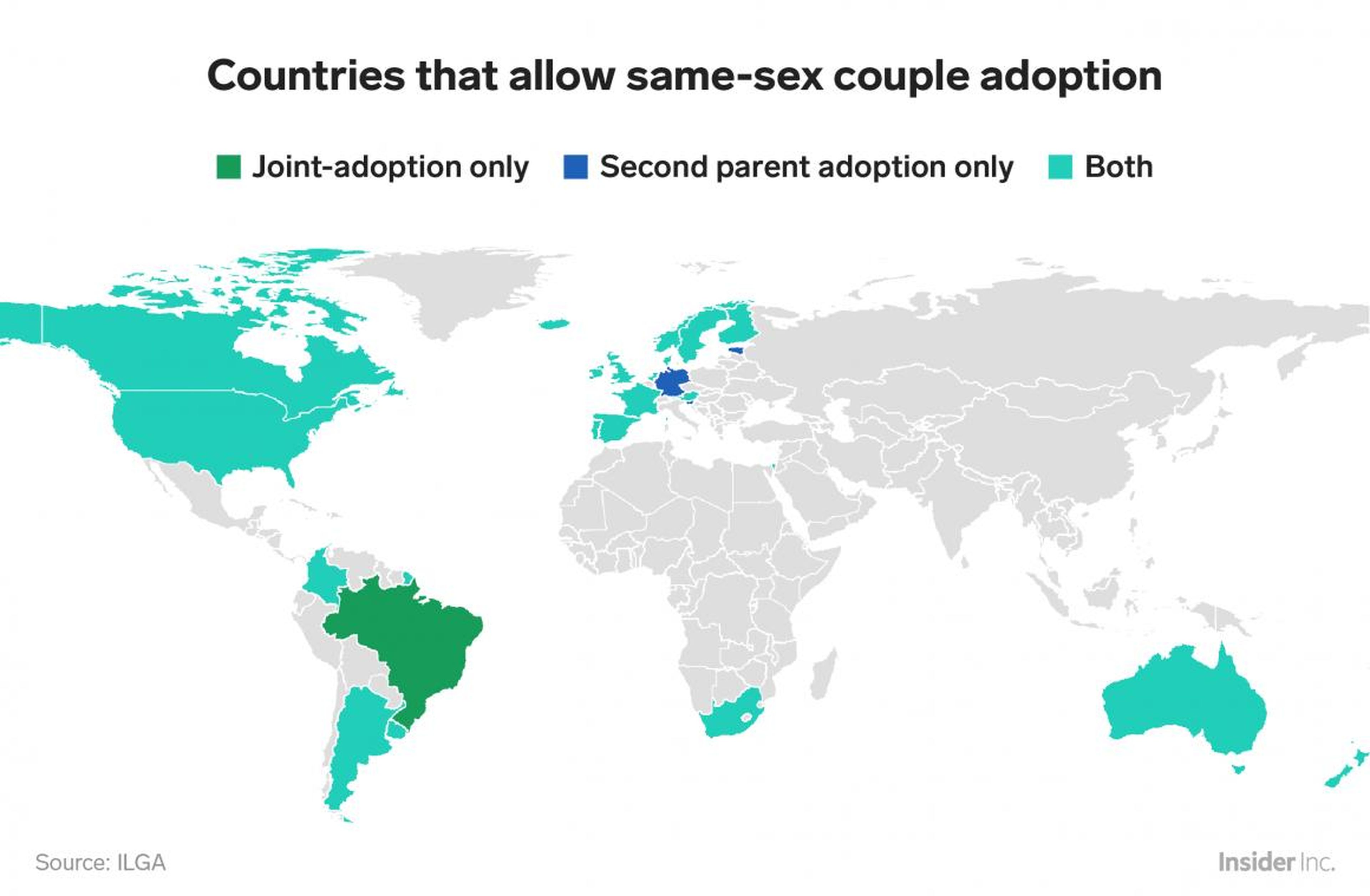 Las parejas del mismo sexo en gran parte no pueden adoptar fuera de las Américas y Europa.