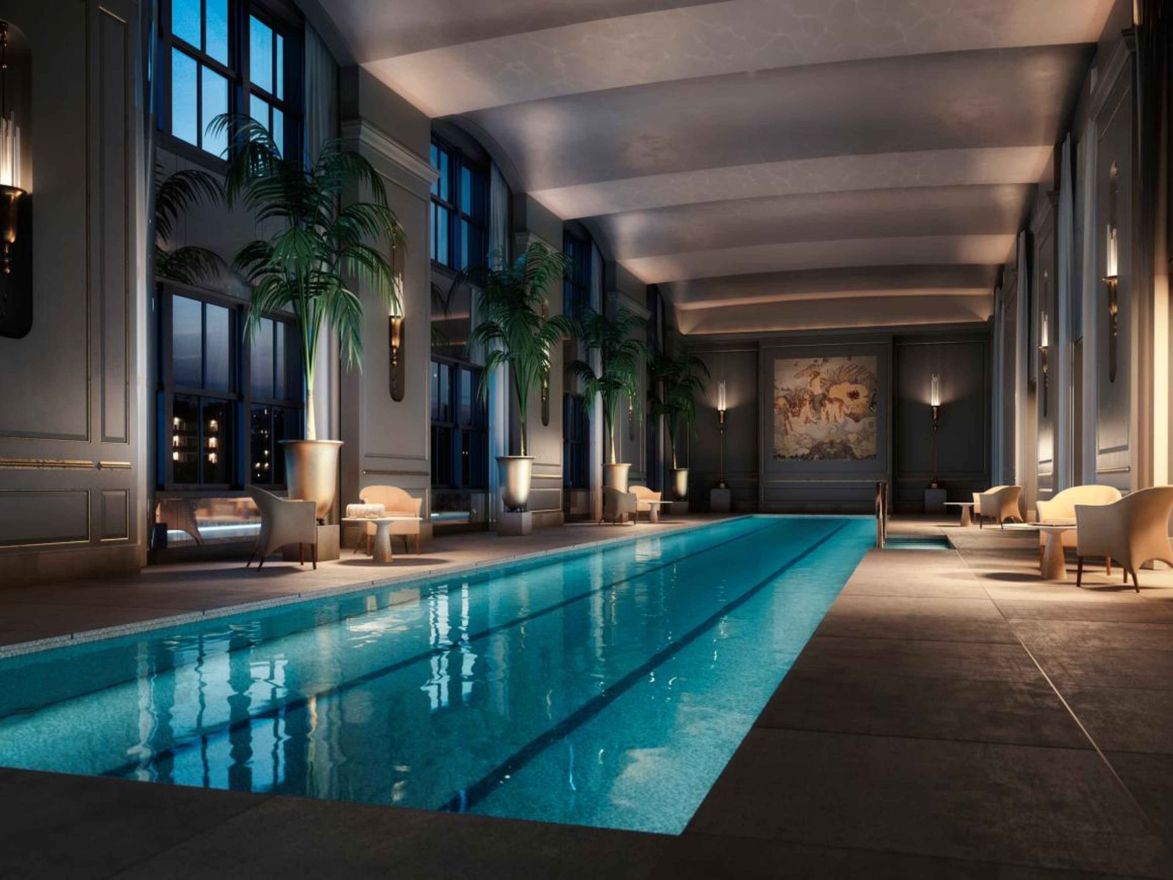 Some of the amenities include a two-lane lap pool, a spa with sauna, steam and treatment rooms, and a lounge with an outdoor terrace.