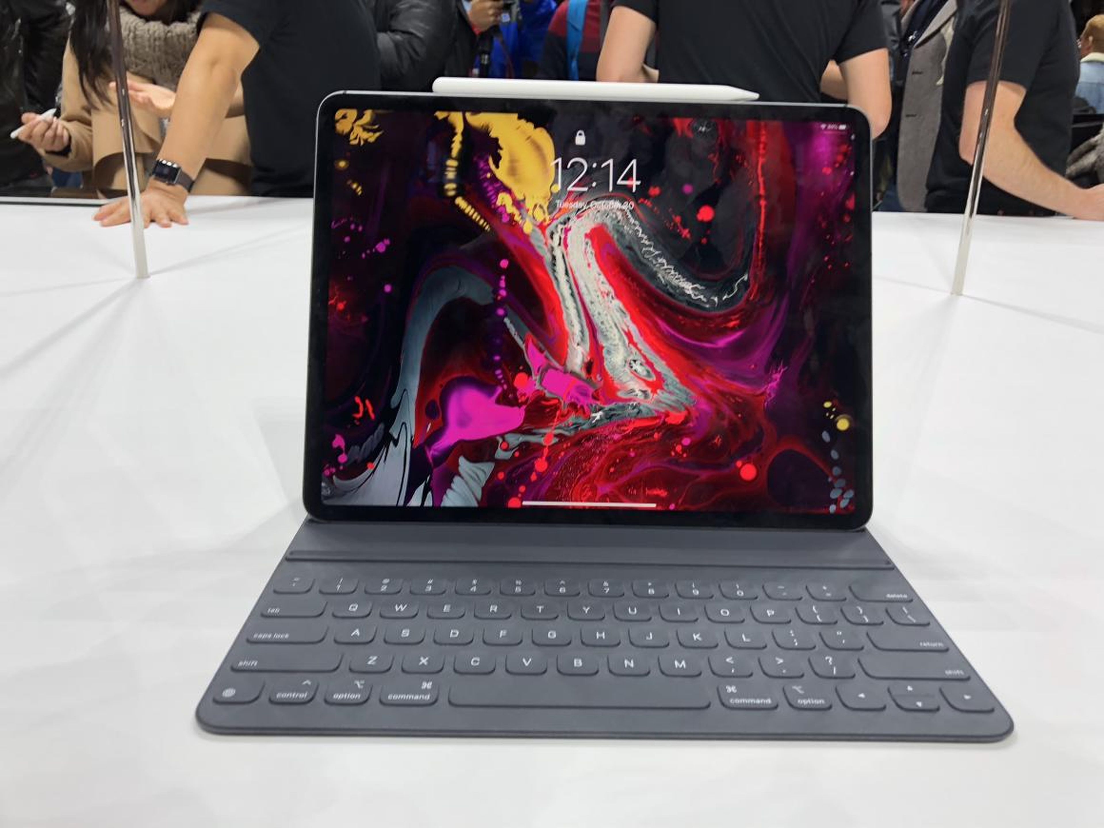 The typing experience is much improved, too. After about a minute of typing on the keyboard, I think it might actually be better than the MacBook. The keys travel and land with a satisfying thud. In this orientation, the iPad Pro