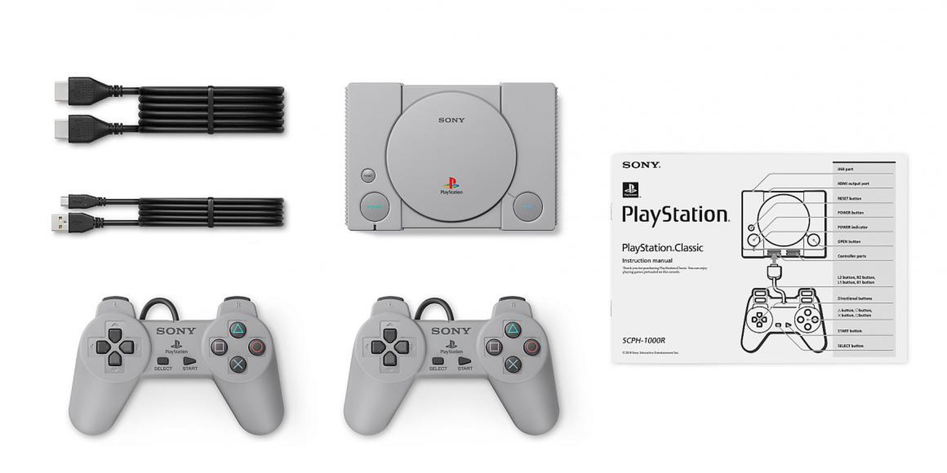 Everything that comes in the box: one HDMI cable, one micro USB cable, two PlayStation 1 replica gamepads, the PlayStation Classic console, and an instruction manual. Notably, there is no plug — you have to supply your own.