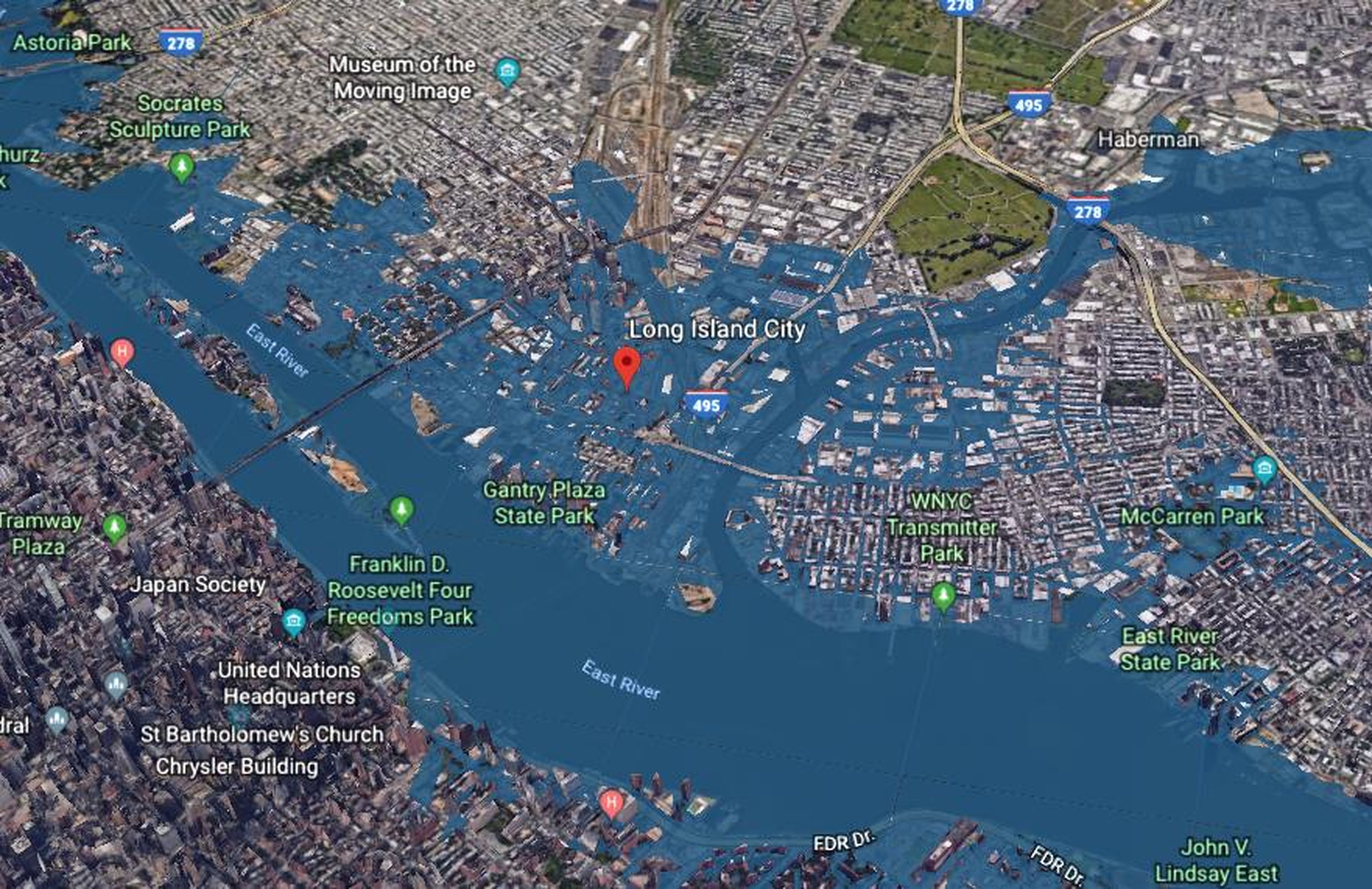 Proyección del nivel del mar en 2100 muestran como la ciudad de Long Island estará bajo el agua.