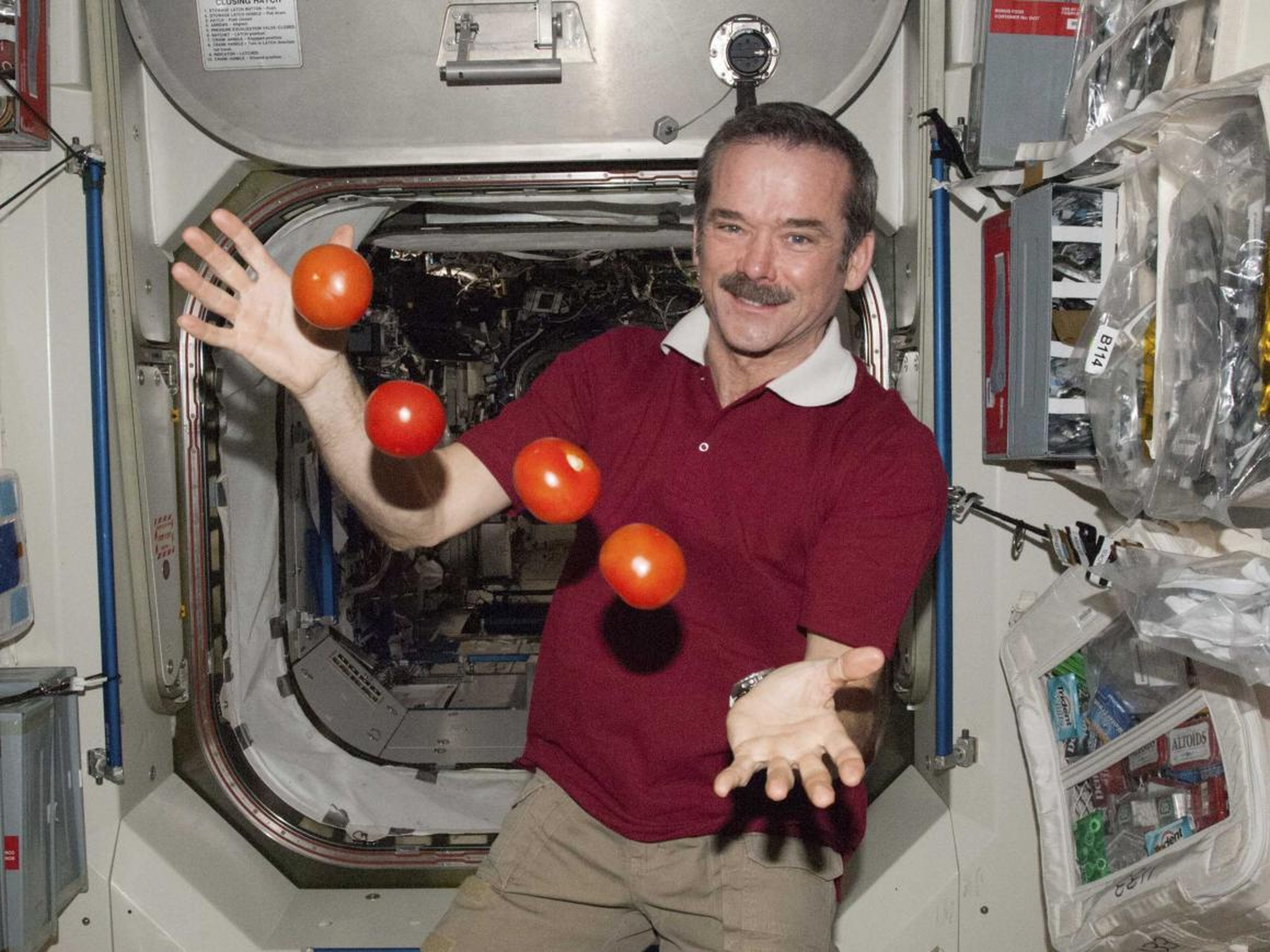 Taking advantage of a weightless environment on the International Space Station, Chris Hadfield of the Canadian Space Agency juggles some tomatoes on March 3, 2013.