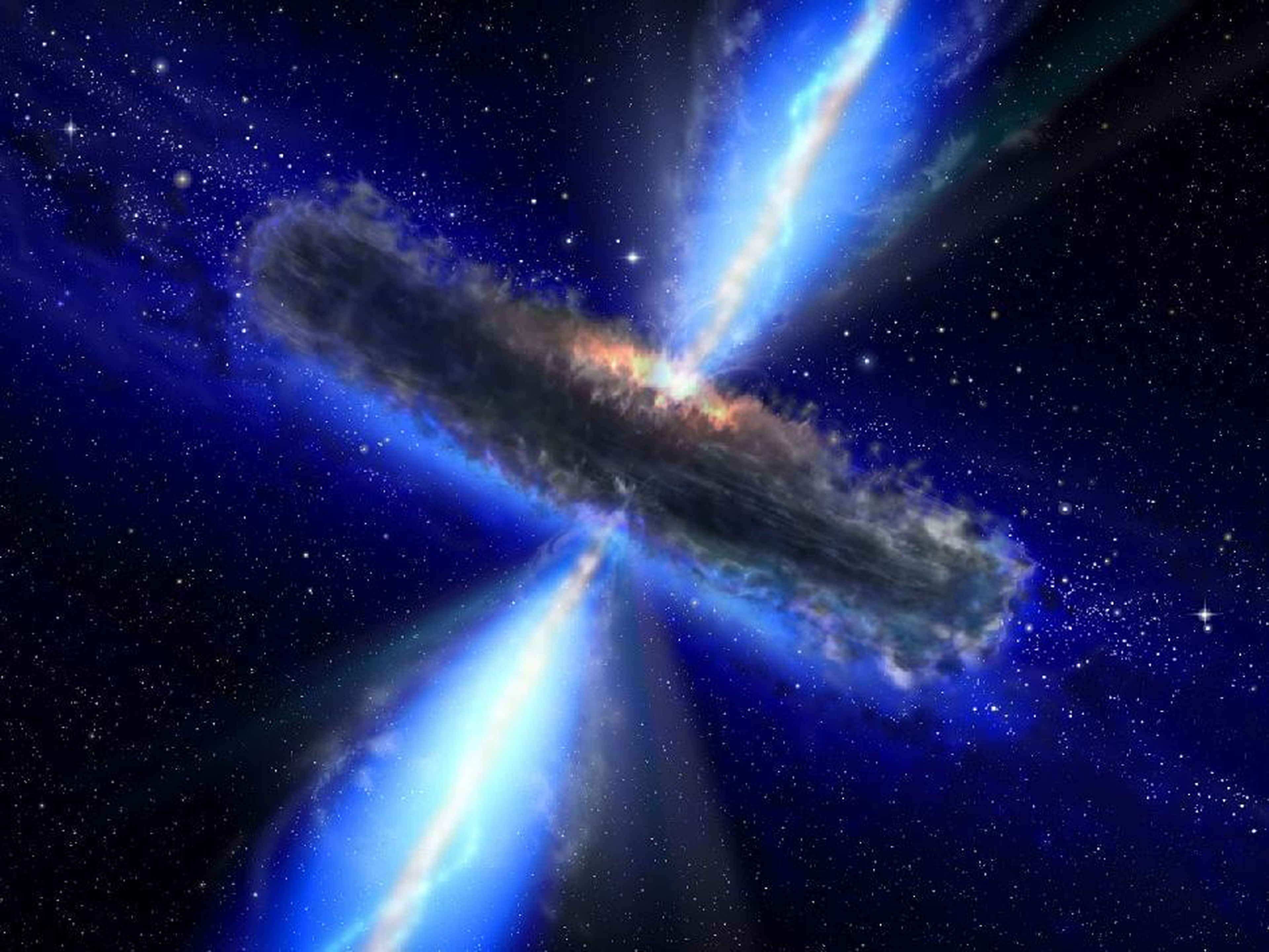 El concepto de este artista ilustra uncuásar, o agujero negro de alimentación, similar a APM 08279 + 5255, donde los astrónomos descubrieron enormes cantidades de vapor de agua.