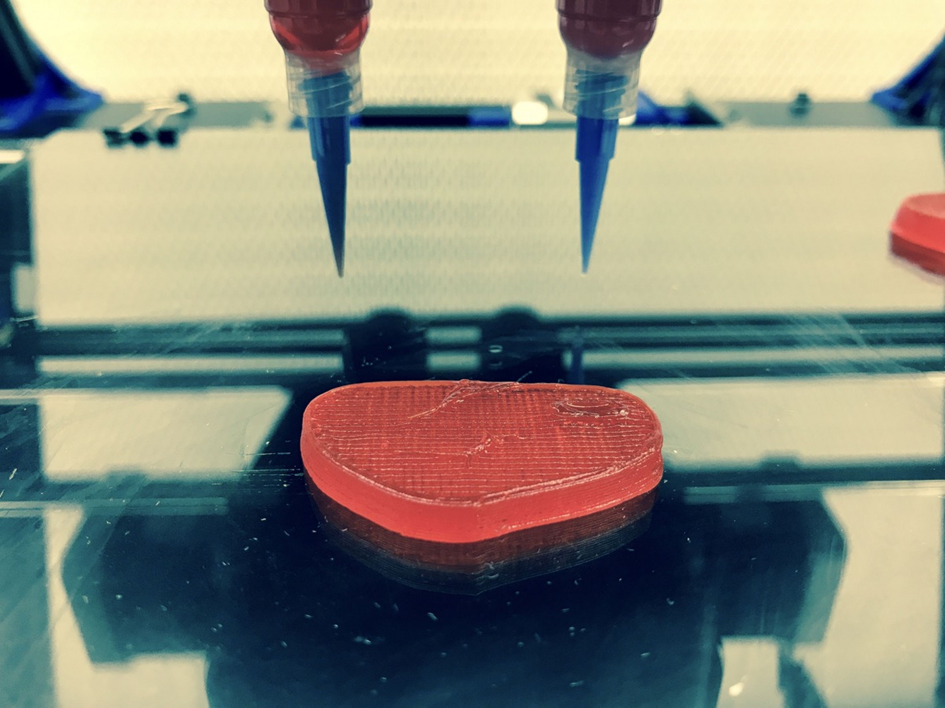 Se introduce una pasta rojiza en la impresora 3D y a través de una boquilla reproduce la estructura de la carne.