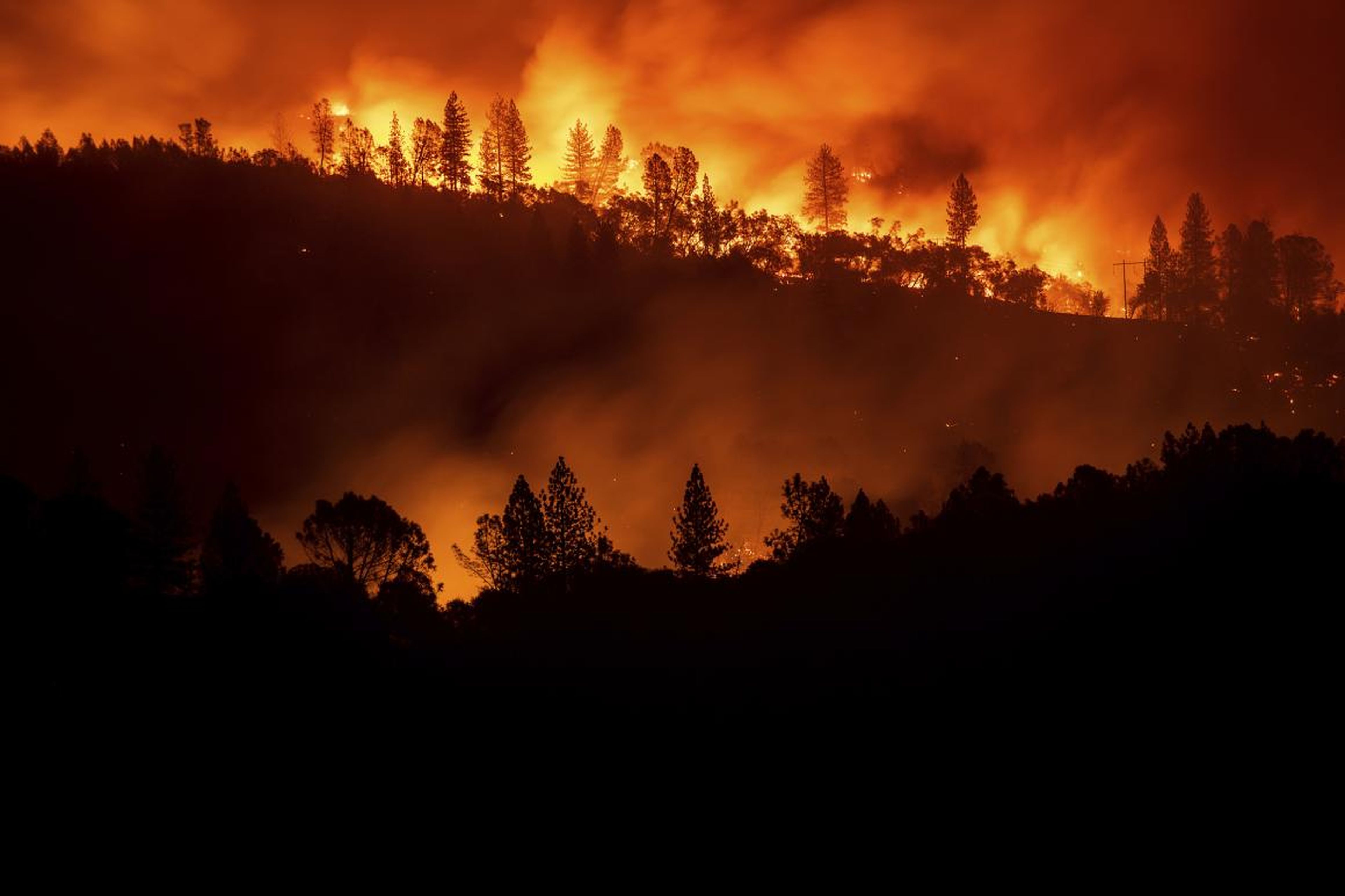 The Camp Fire burns along a ridge-top near Big Bend, California on November 10, 2018.