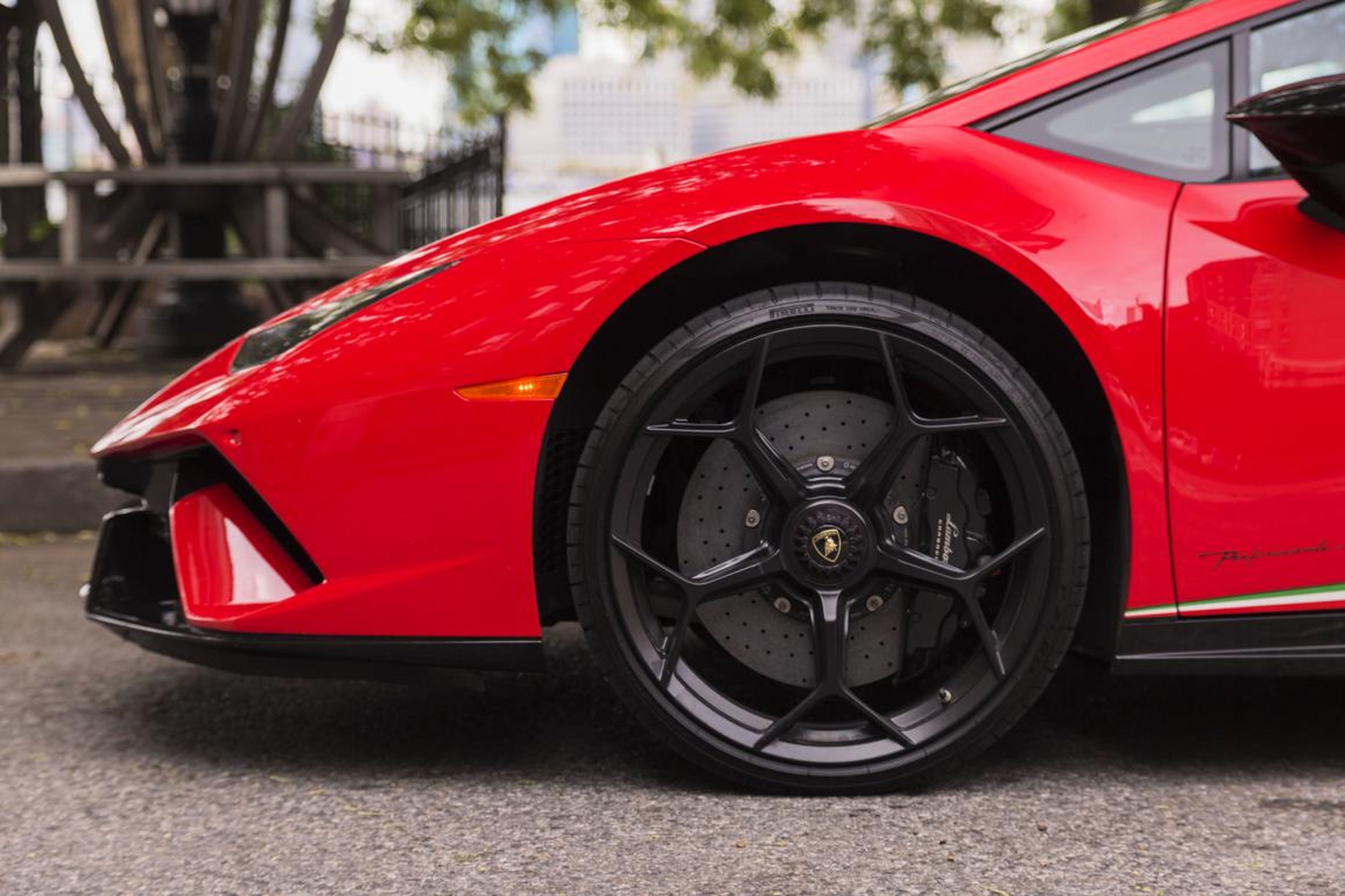 The Huracán Performante sports ventilated carbon-ceramic brakes and meaty black calipers. A necessity, to slow the Lambo from a top speed of 202 mph.