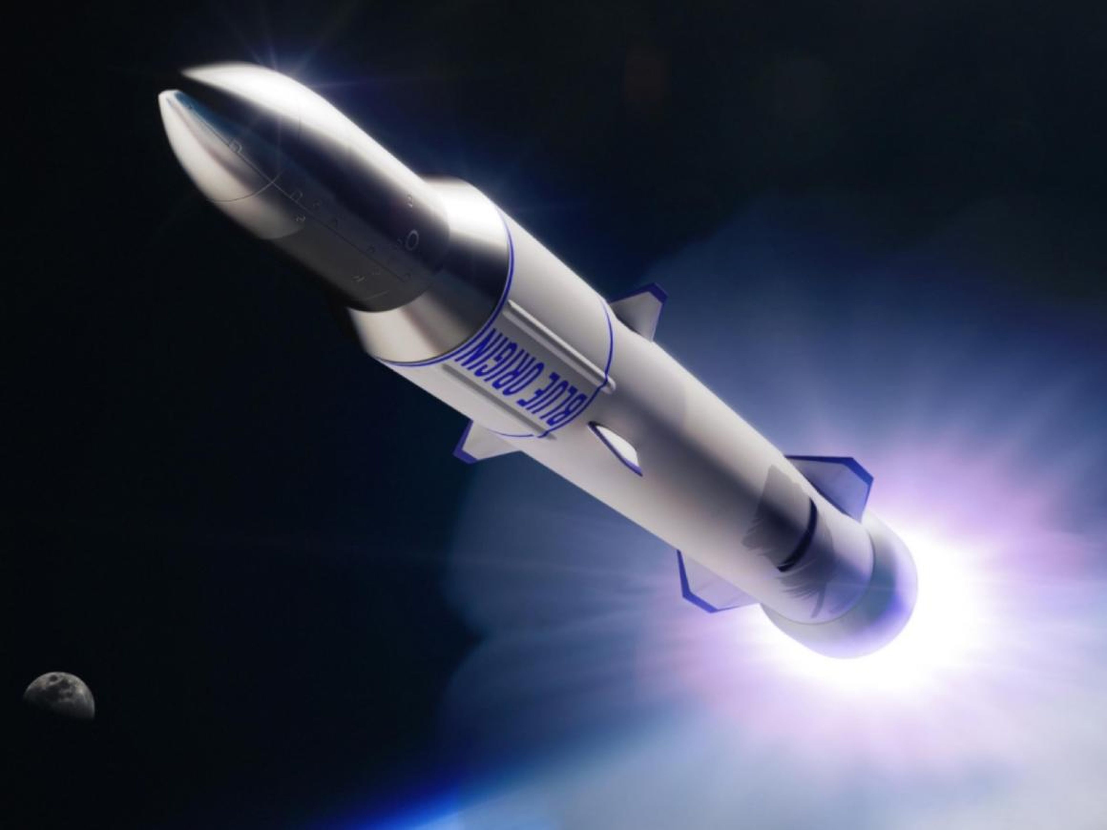 Una ilustración del cohete New Glenn reutilizable de Blue Origin que se lanza al espacio.