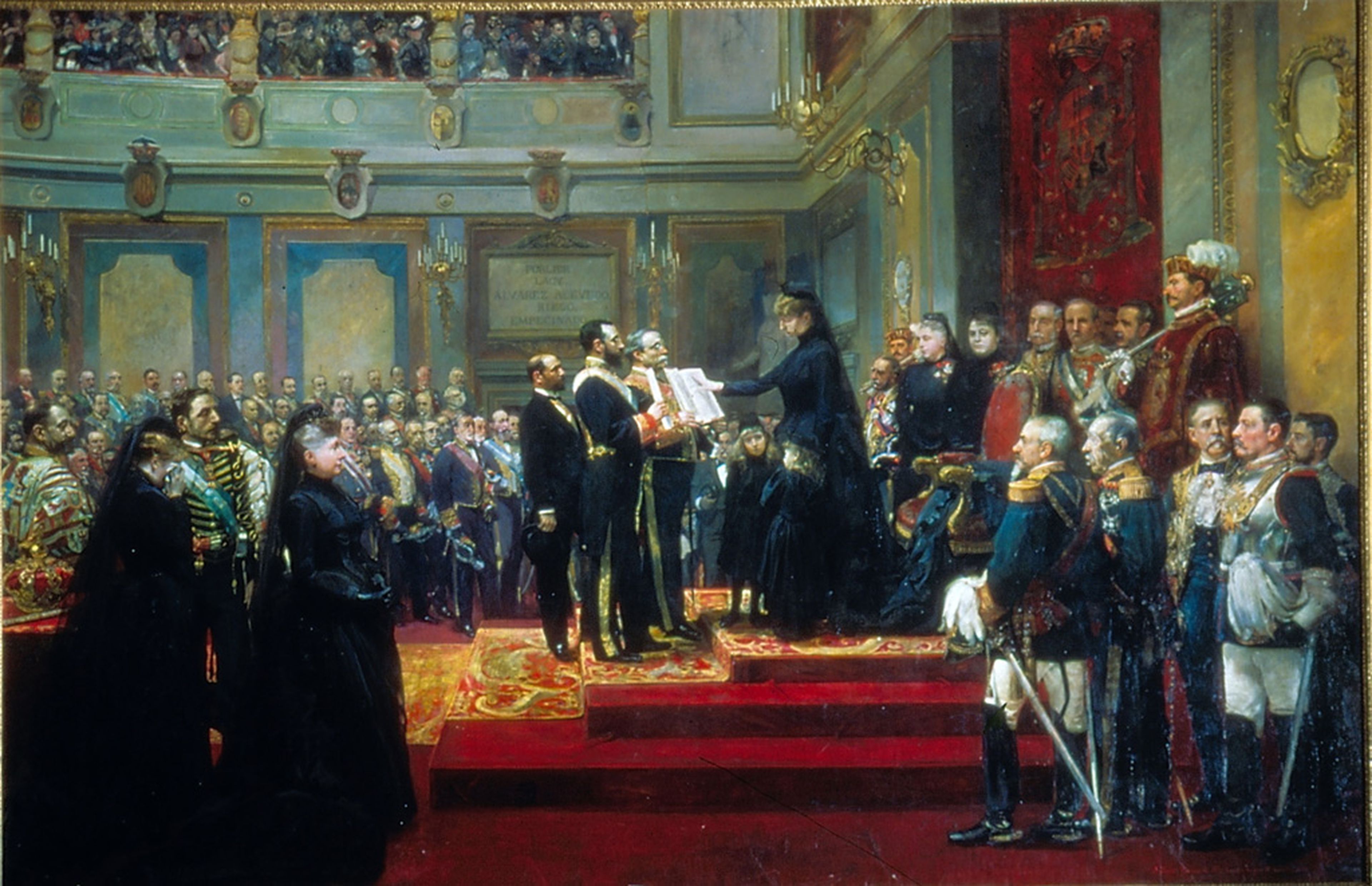La jura de la Constitución de la regente María Cristina de Habsburgo en diciembre de 1885, reflejada en este cuadro de Francisco Jover y Joaquín Sorolla.