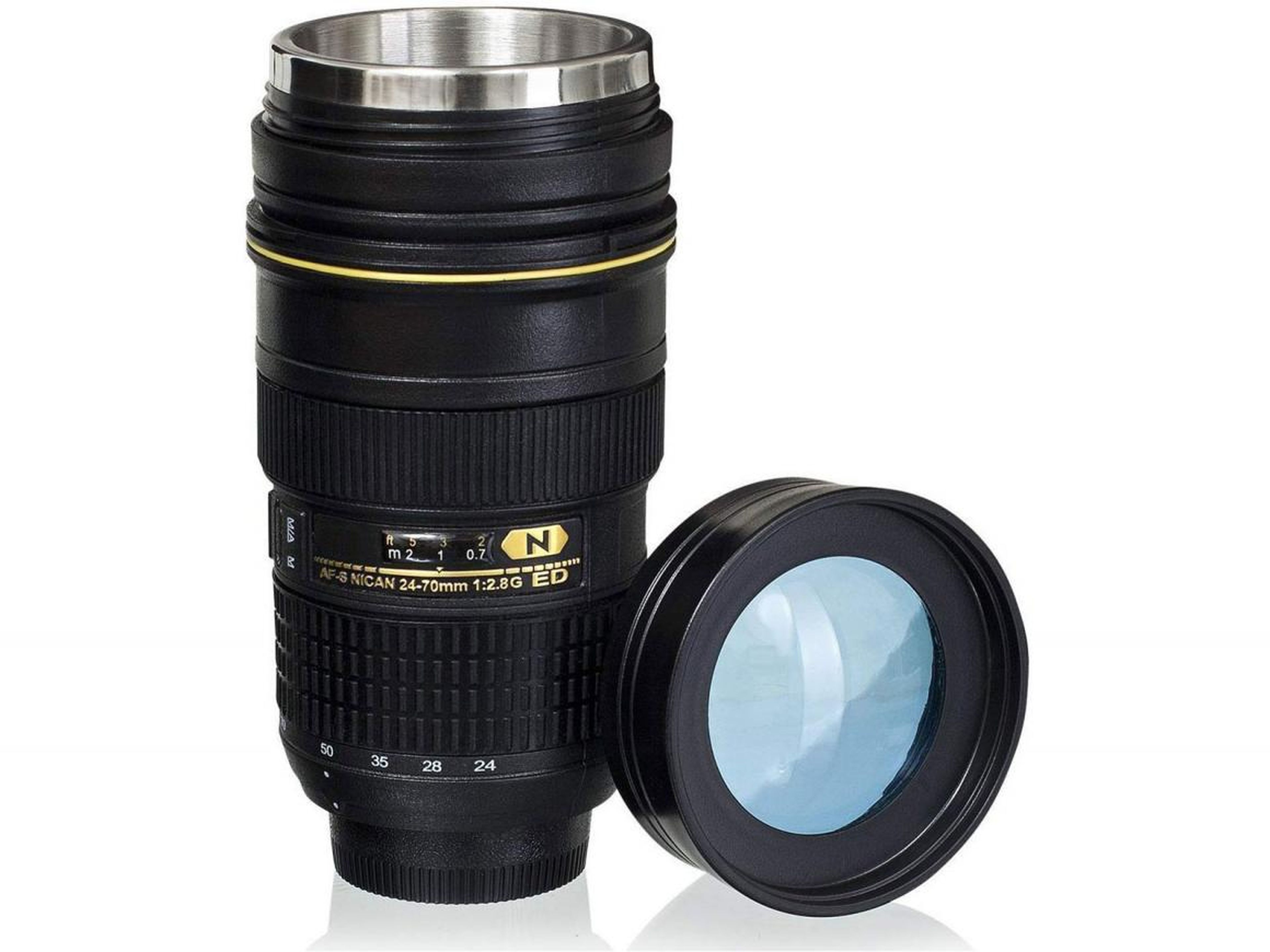 A lens-shaped coffee mug