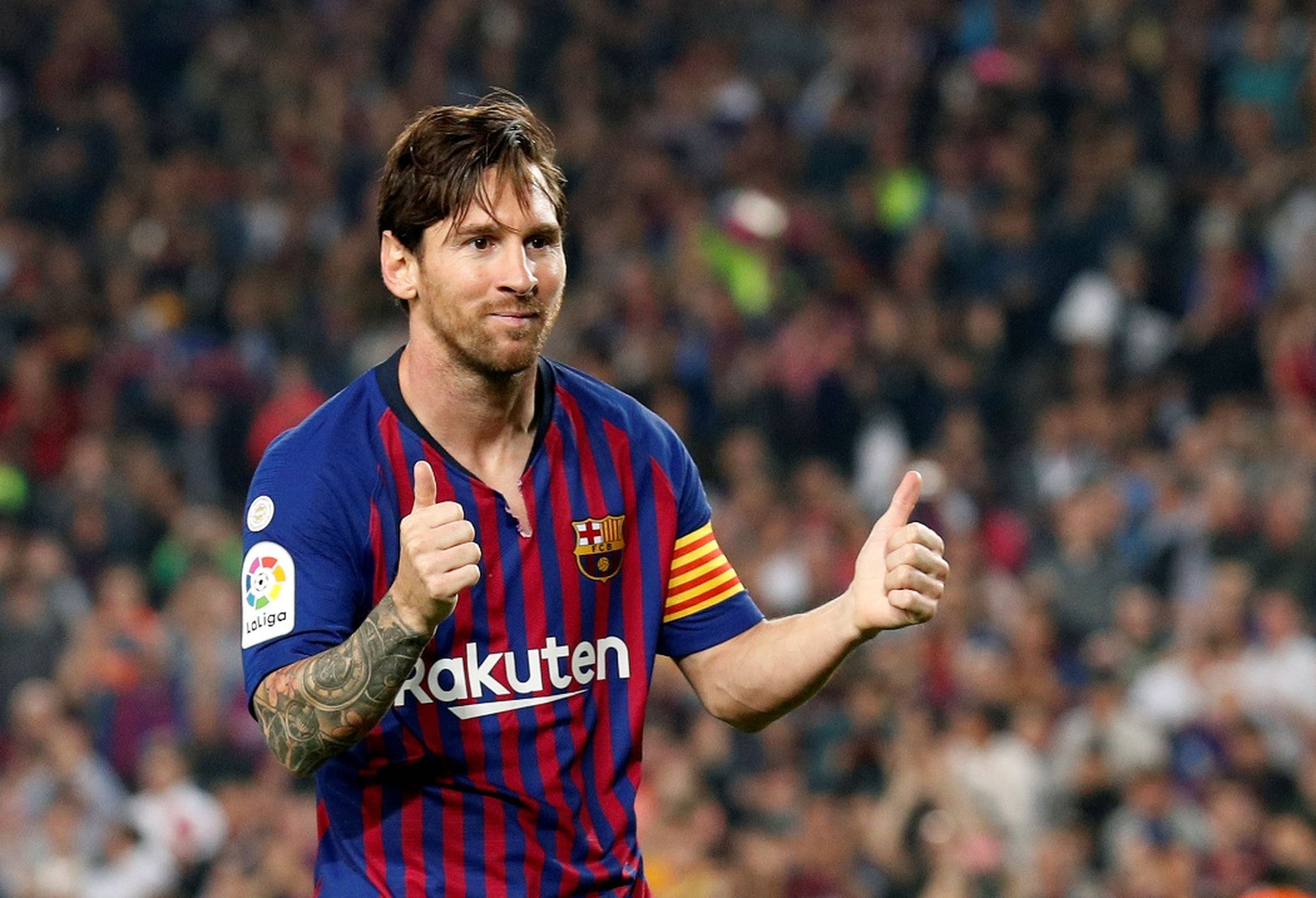 Messi celebra un gol en el partido del FC Barcelona contra el Sevilla en el Camp Nou, el 20 de octubre de 2018.