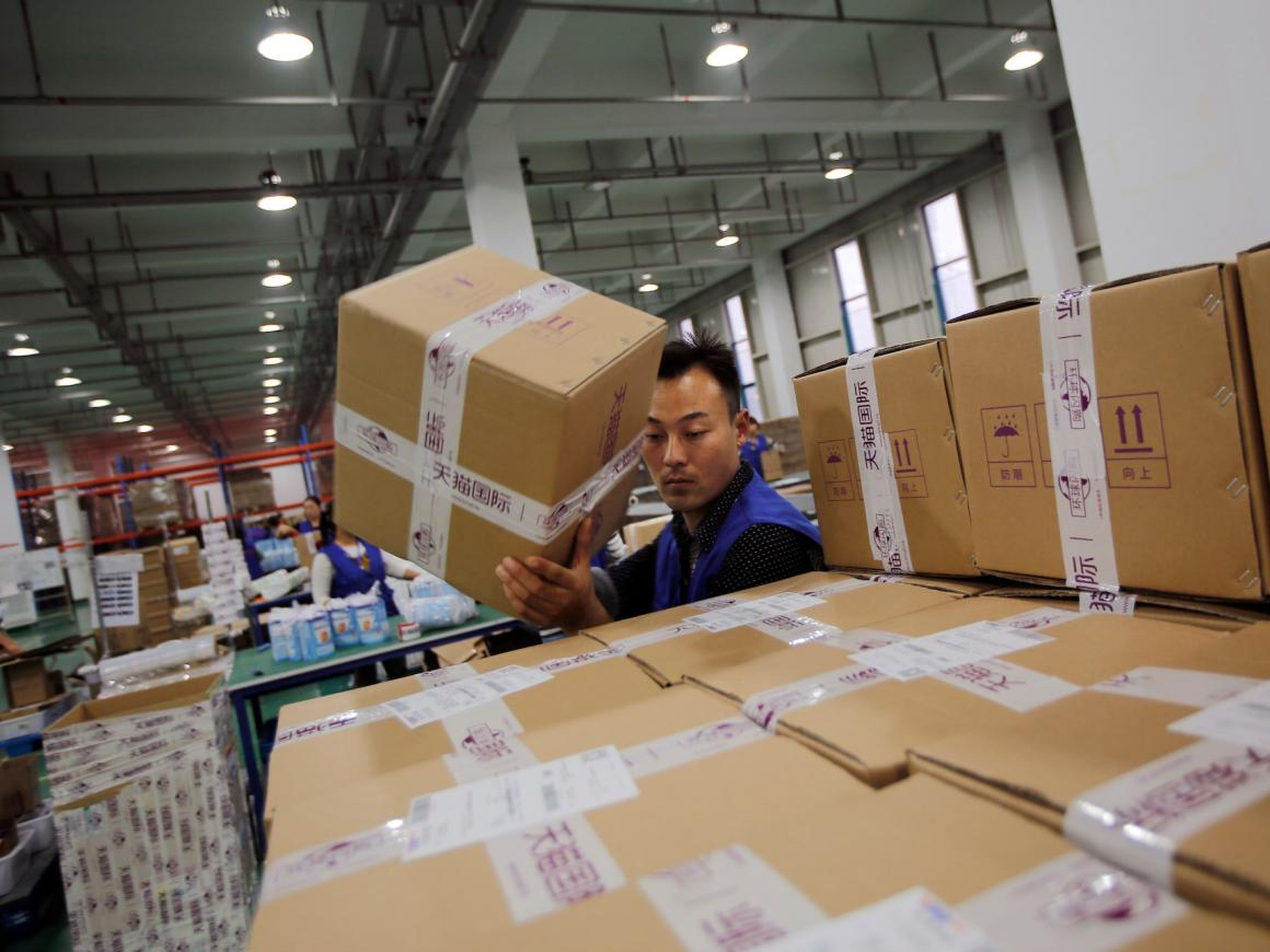 An employee works in an Alibaba warehouse in China.
